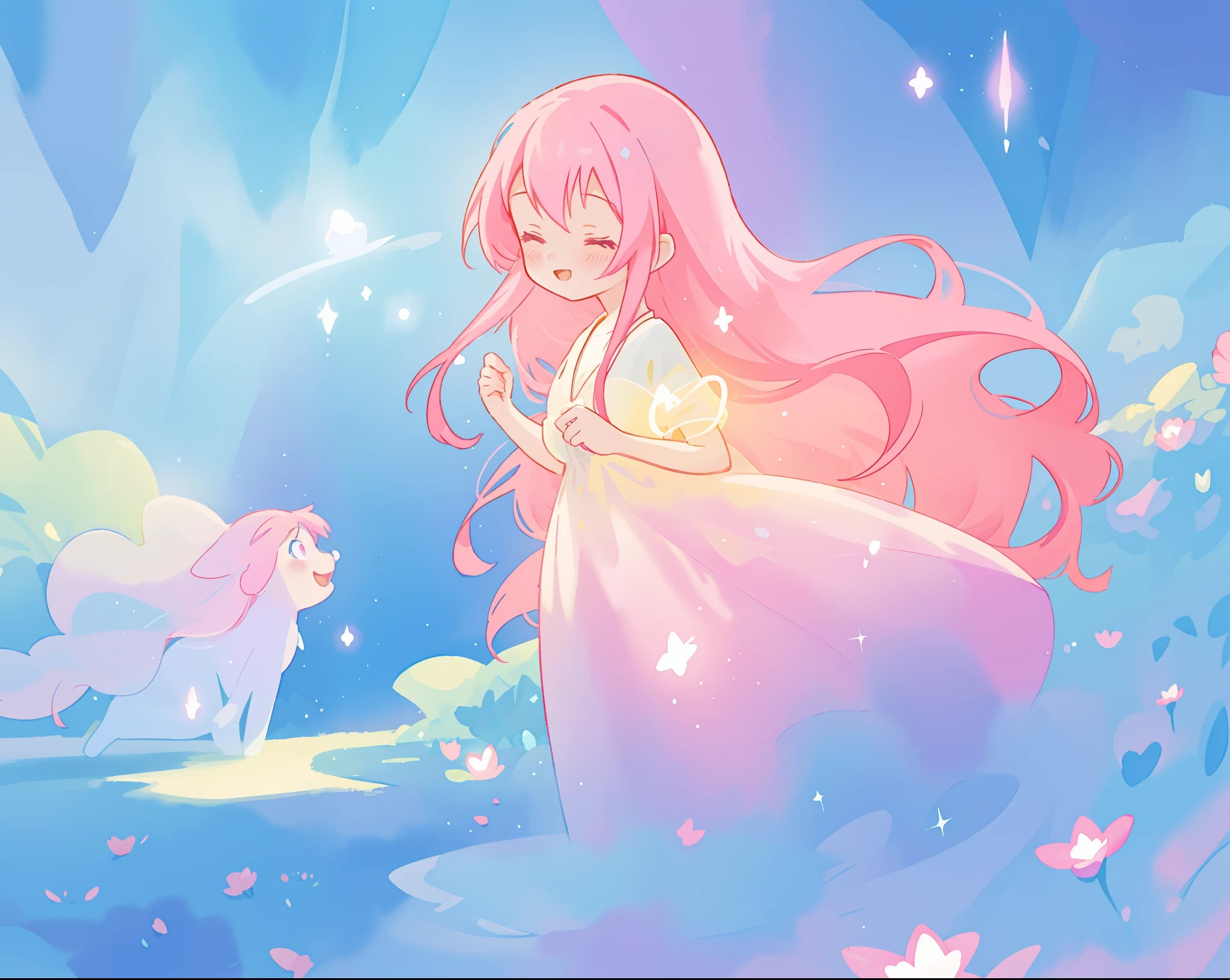 beautiful girl in sparkling flowing dress, long flowing pink hair, colorful fantasia background, watercolor illustration, disney art style, glowing aura around her, glowing lights, beautiful digital illustration, fantasia otherworldly landscape plants flowers, beautiful, masterpiece, best quality, anime disney style