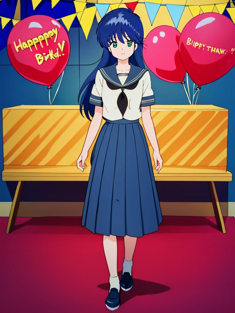 MADOKA AYUKAWA,LONG HAIR,BLUE HAIR,AQUA EYES, SERAFUKU, LONG SKIRT, BLACK NECKERCHIEF, PLEATED SKIRT, SHOES, ne sourit pas, She presents a birthday cake placed on a table), 1GIRL, souriante qui a les cheveux courts, les yeux bleus, des cheveux blonds, elle porte un blue jean bleu et une chemise rose, 1MAN, devant la table qui a les cheveux noirs, les yeux gris, un bleu jean vert, image de profil, at a birthday party, added detail, pilier, style anime, Party Balloons