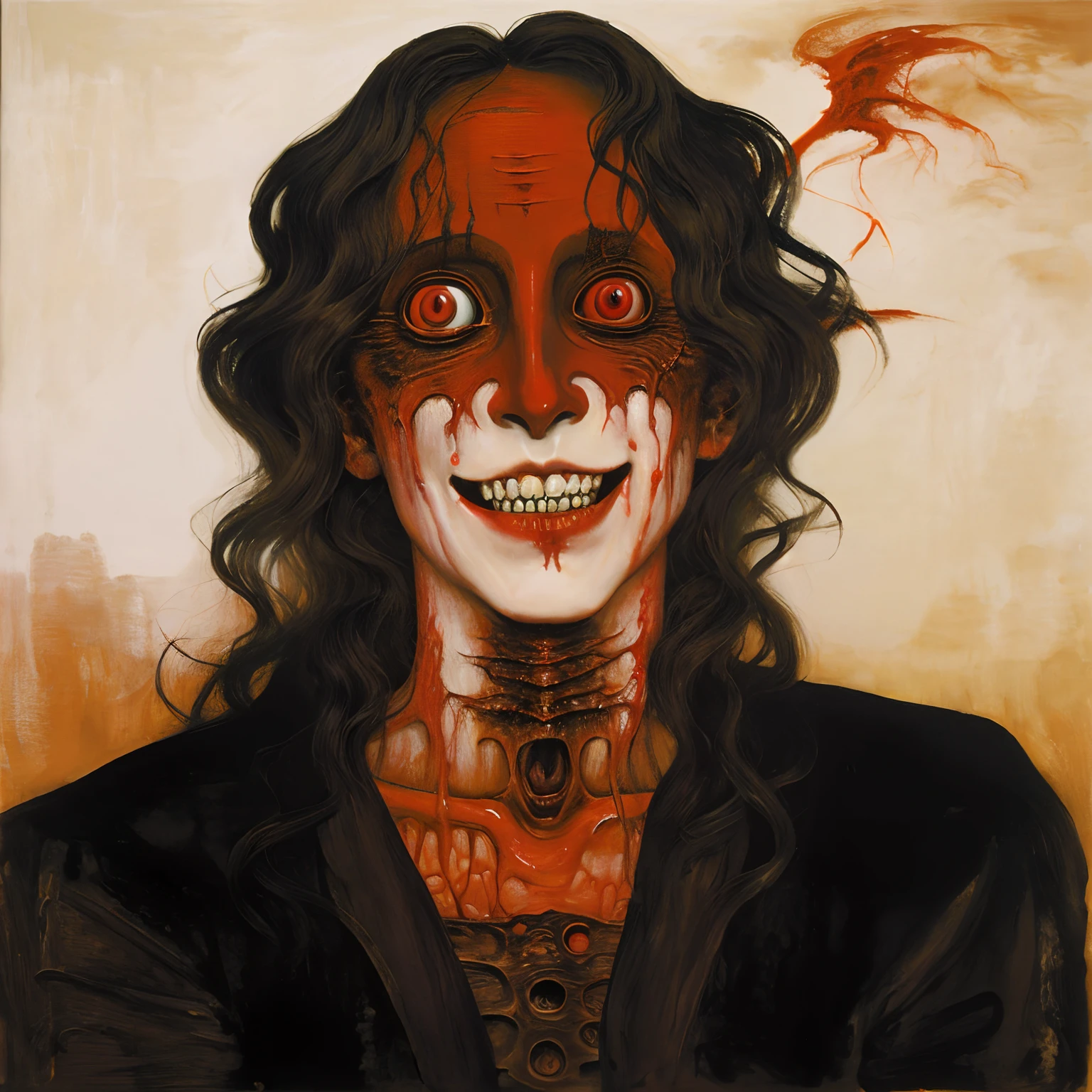 Oil painting of a demonic creature with a very creepy smile, wavy hair, oil brush strokes textured painting, painted by Zdzislaw Beksinski, creepy, horror, red color palette