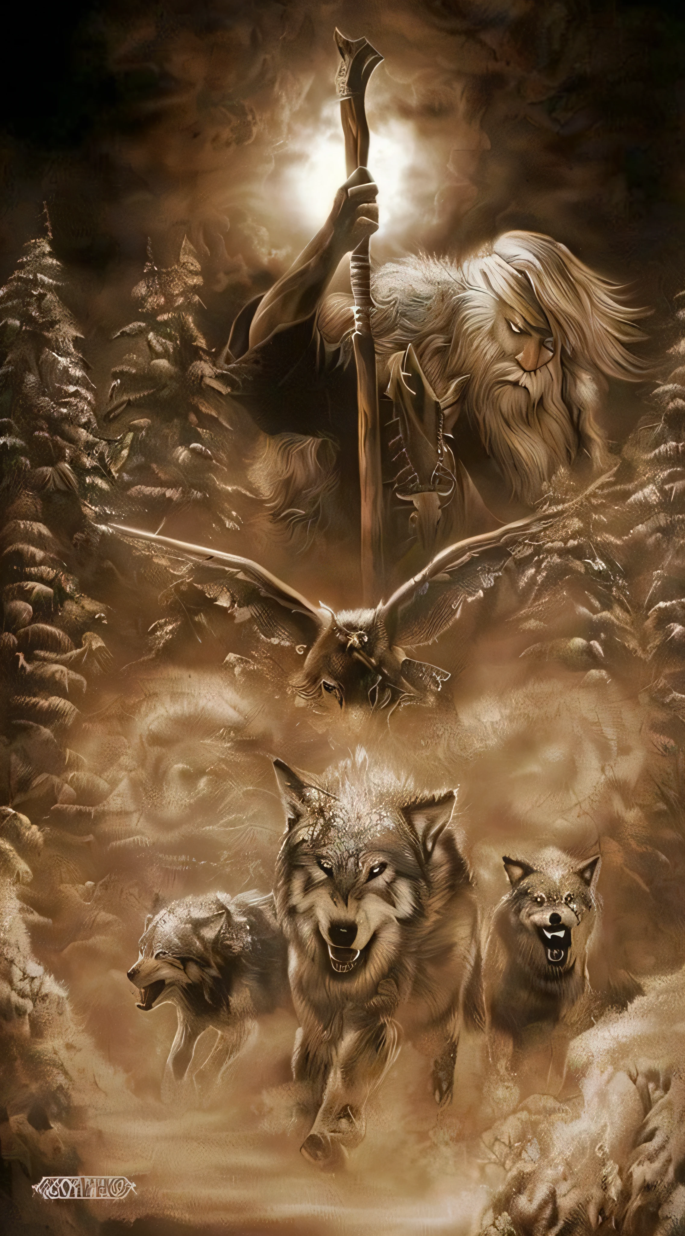 a painting of a wolf and three wolf cubs in the woods, norse god, norse mythology, а fantasy proto-slavic mythology, great wolf, norse warrior, slavic mythology, norse, fenrir, odin, wolf in hell, norse inspired, nordic mythology, wolves and their treasures, the spear of odin, by Wolf Huber, wolves