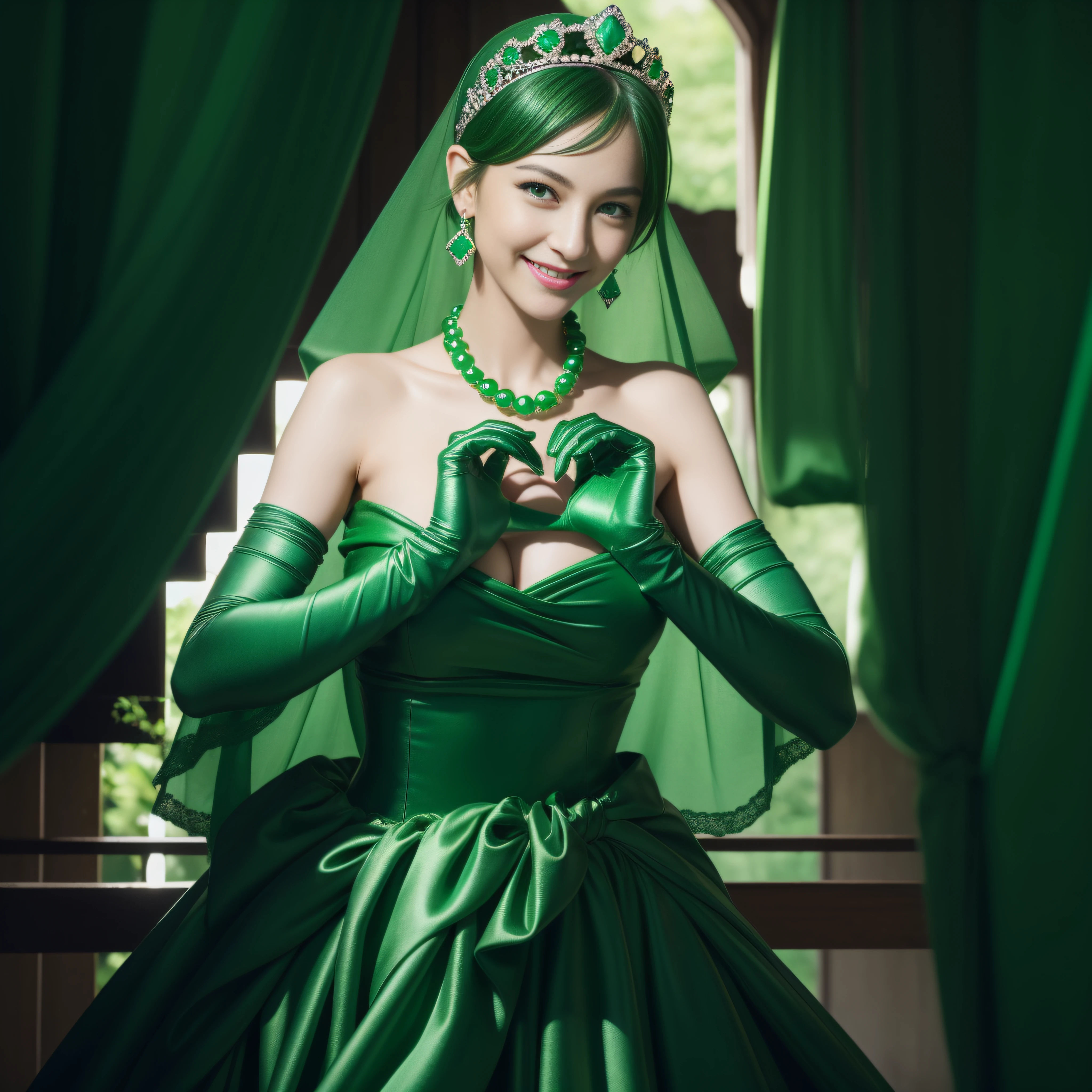 emerald tiara, Green Pearl Necklace, Boyish very short green hair, lipsticks, Japan woman smiling, very short short hair, big breasts beautiful, Green eyes, Long green gloves made of satin material, Green eyes, Emerald Earrings, green vale, Heart with both hands