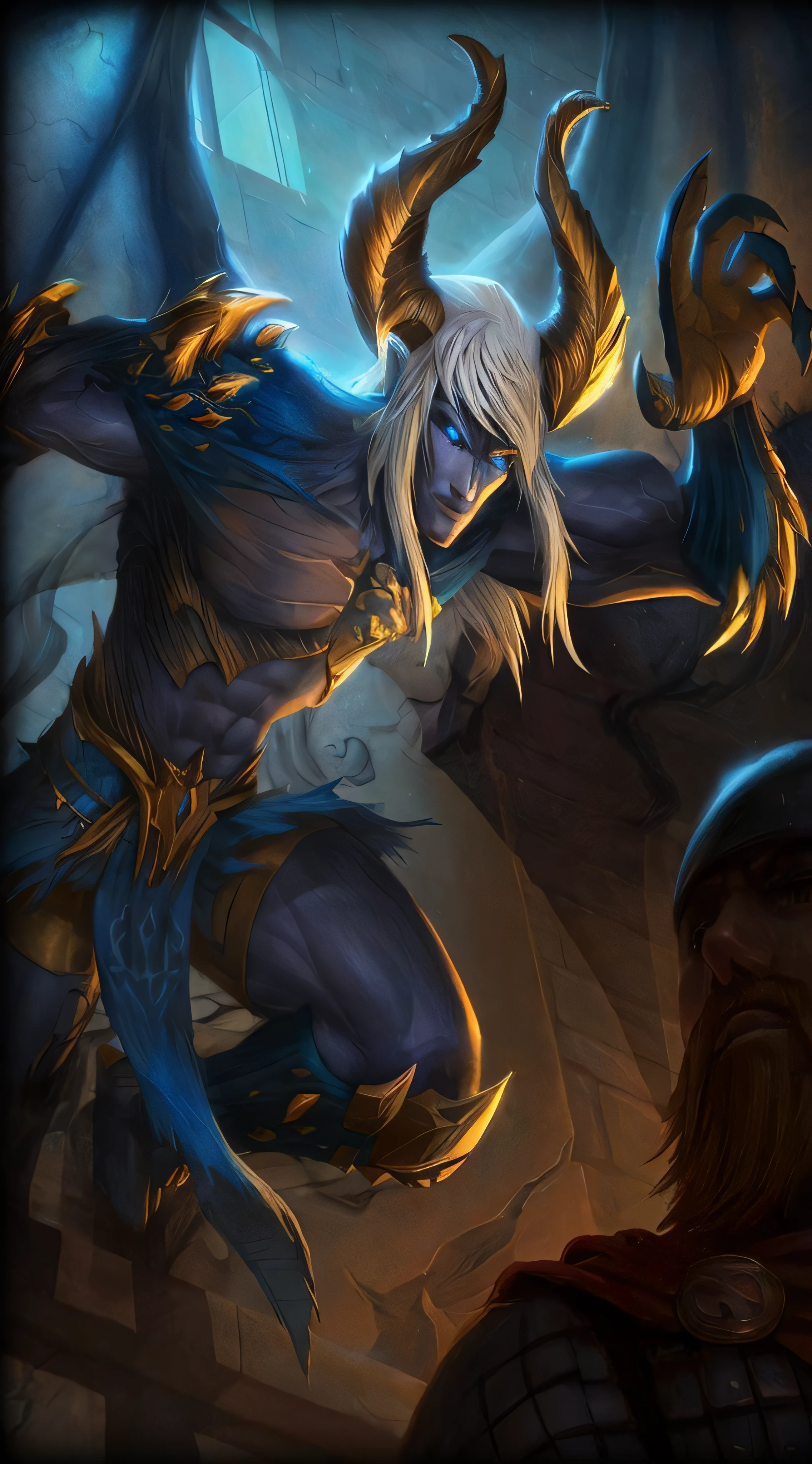 a painting of a male character with horns and a horned face, raziel irl, sylas, league of legends character, league of legends character art, league of legends champion, style of league of legends, amazing portrait of viego, ashe, league of legends arcane, league of legends concept art, splash art, iconic character splash art, official splash art