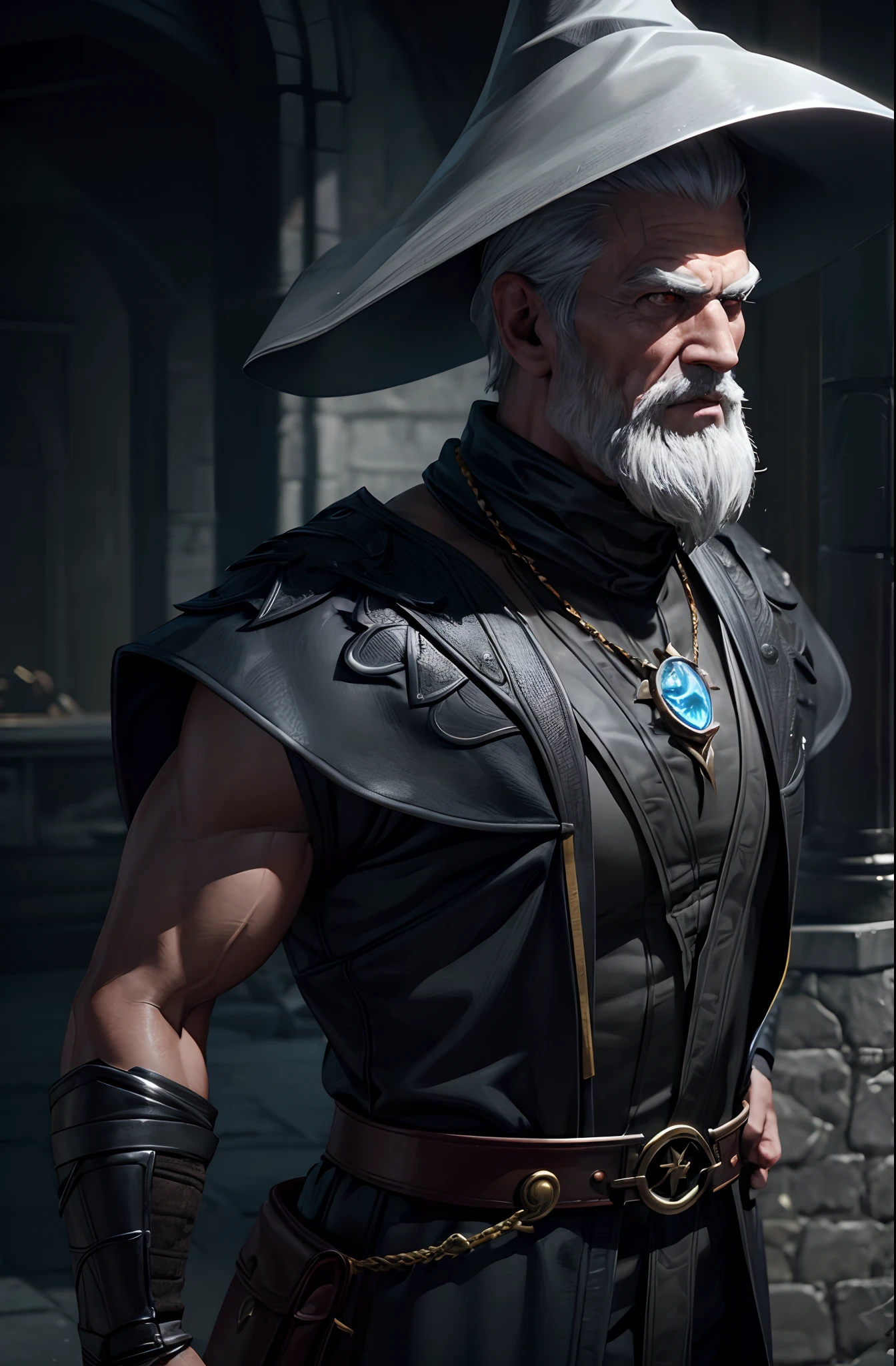 3D Graphics, ((Merlin)), 1male, (Wizard Hat), old age, grey bearded, grey hair, Merlin in Mortal Kombat 11.