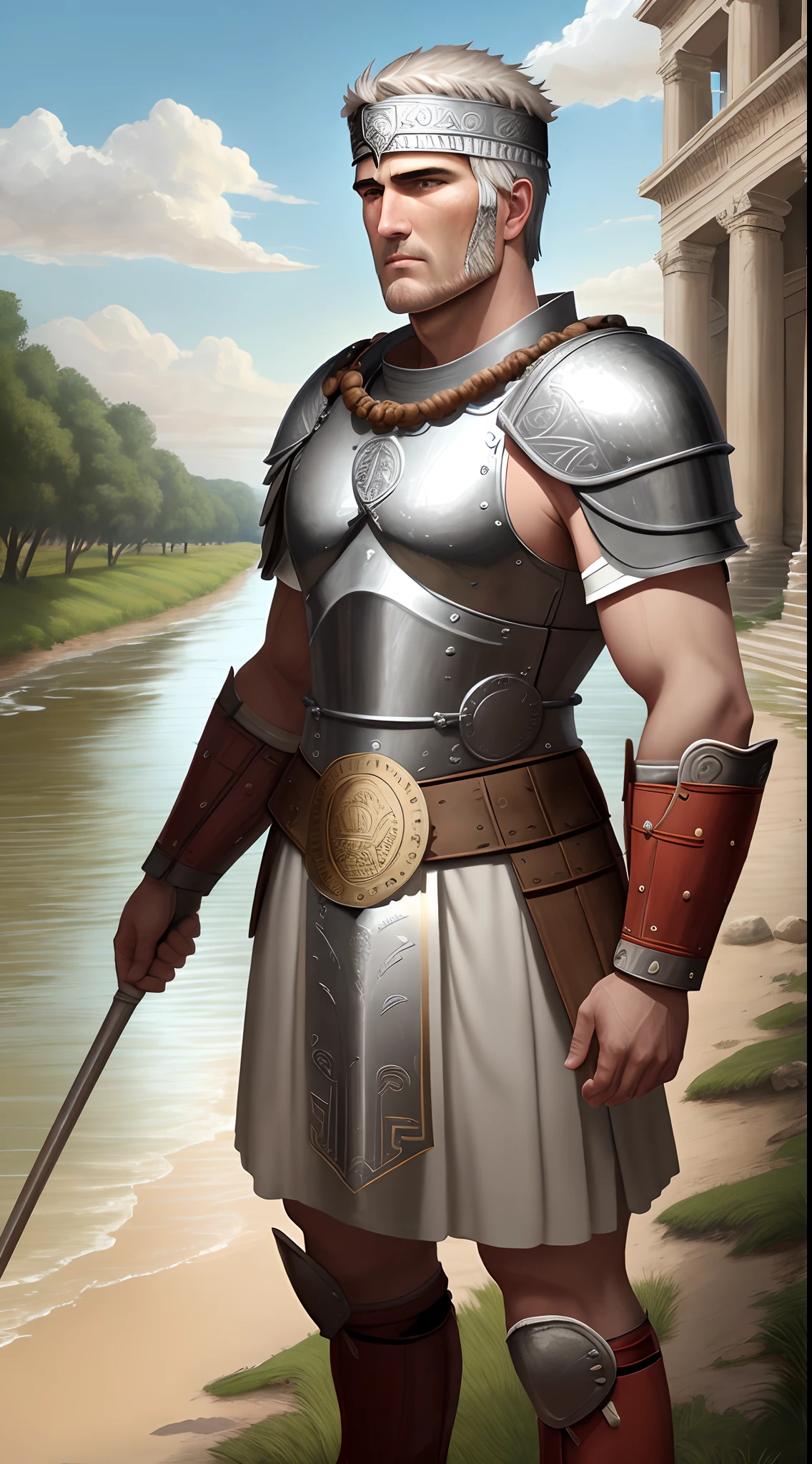 Roman legions standing at the banks of the Rubicon River.