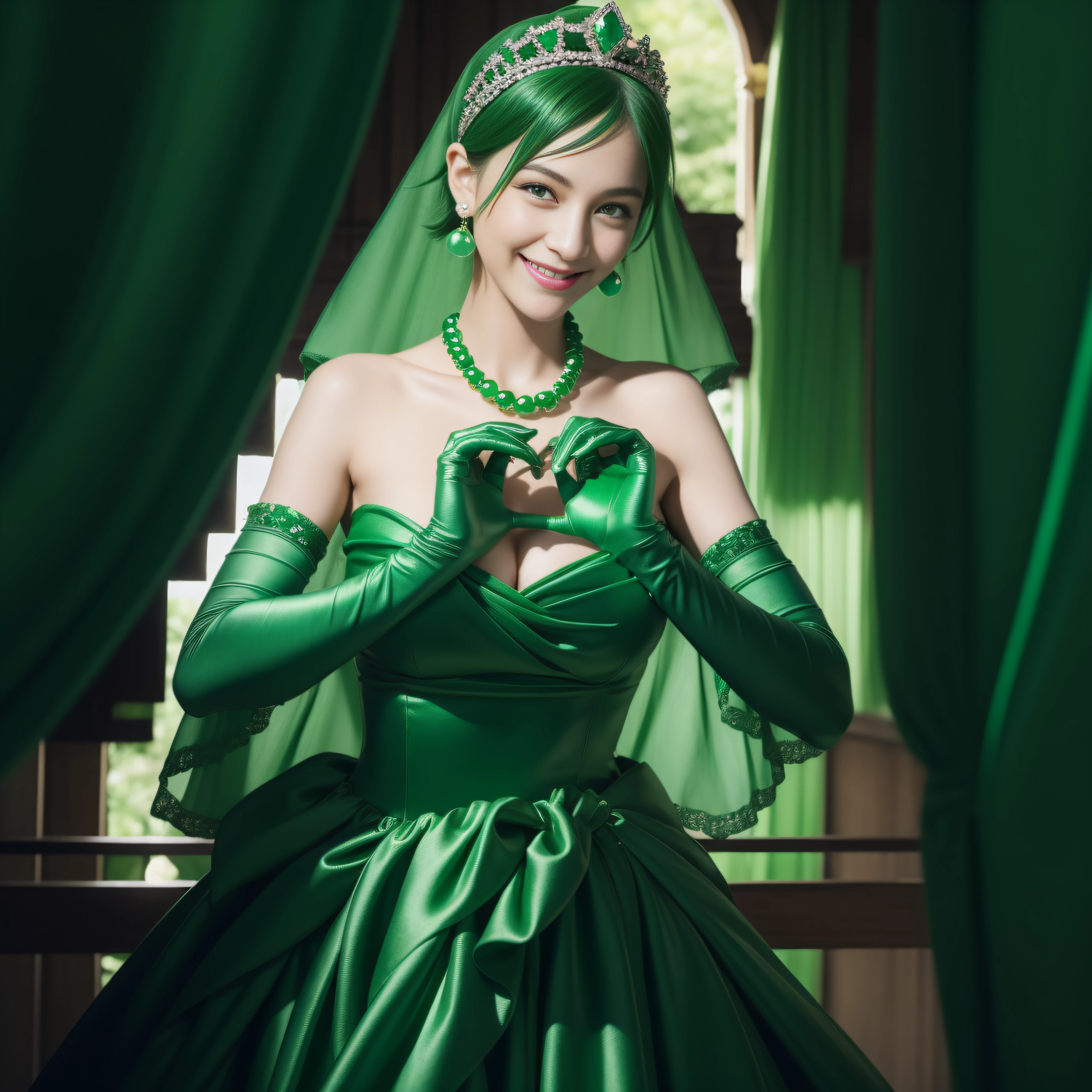 emerald tiara, Green Pearl Necklace, Boyish very short green hair, lipsticks, Japan woman smiling, very short short hair, big breasts beautiful, Green eyes, Long green gloves made of satin material, Green eyes, Emerald Earrings, green vale, Heart with both hands