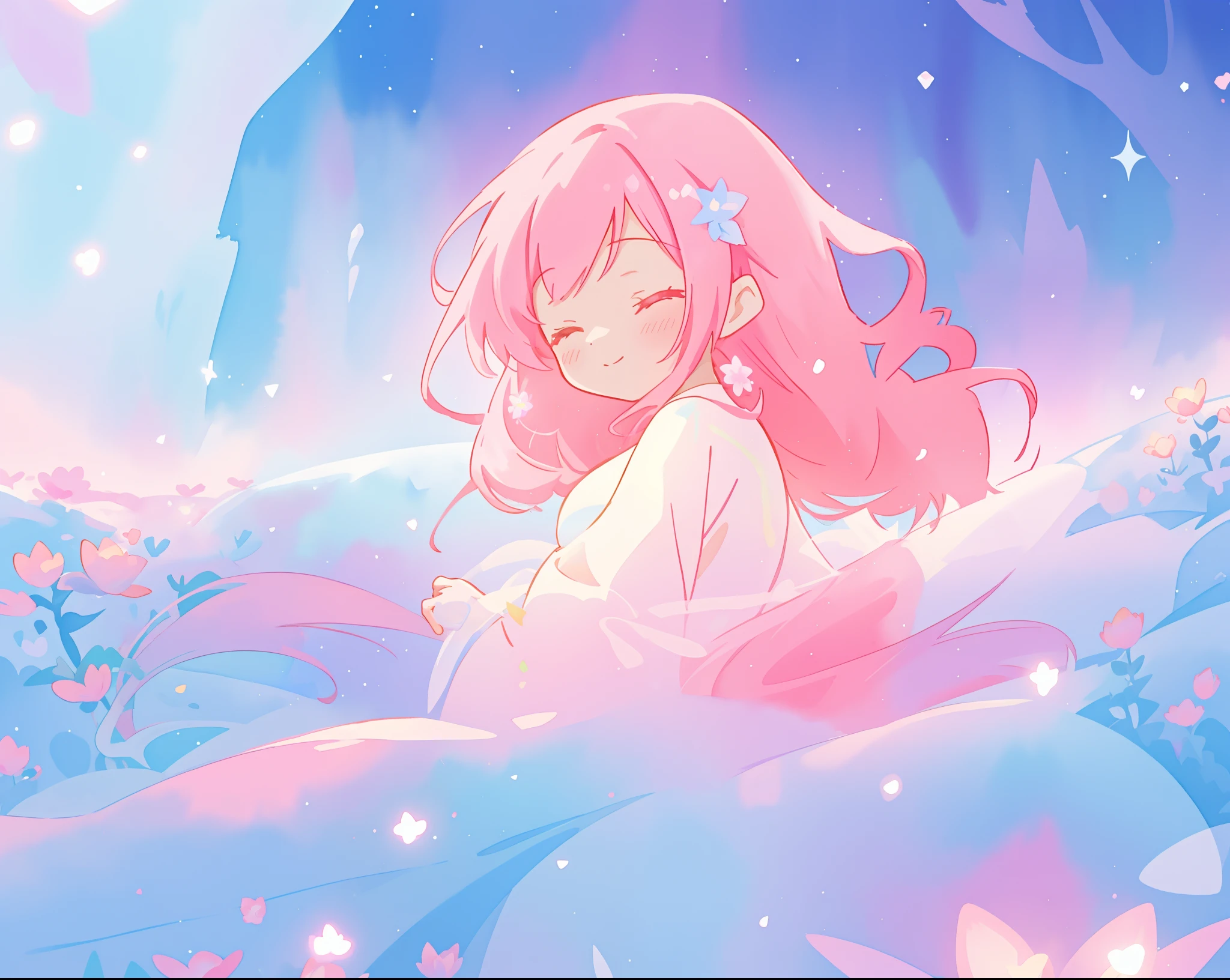 beautiful girl in sparkling flowing dress, long flowing pink hair, colorful fantasia background, watercolor illustration, disney art style, glowing aura around her, glowing lights, beautiful digital illustration, fantasia otherworldly landscape plants flowers, beautiful, masterpiece, best quality, anime disney style