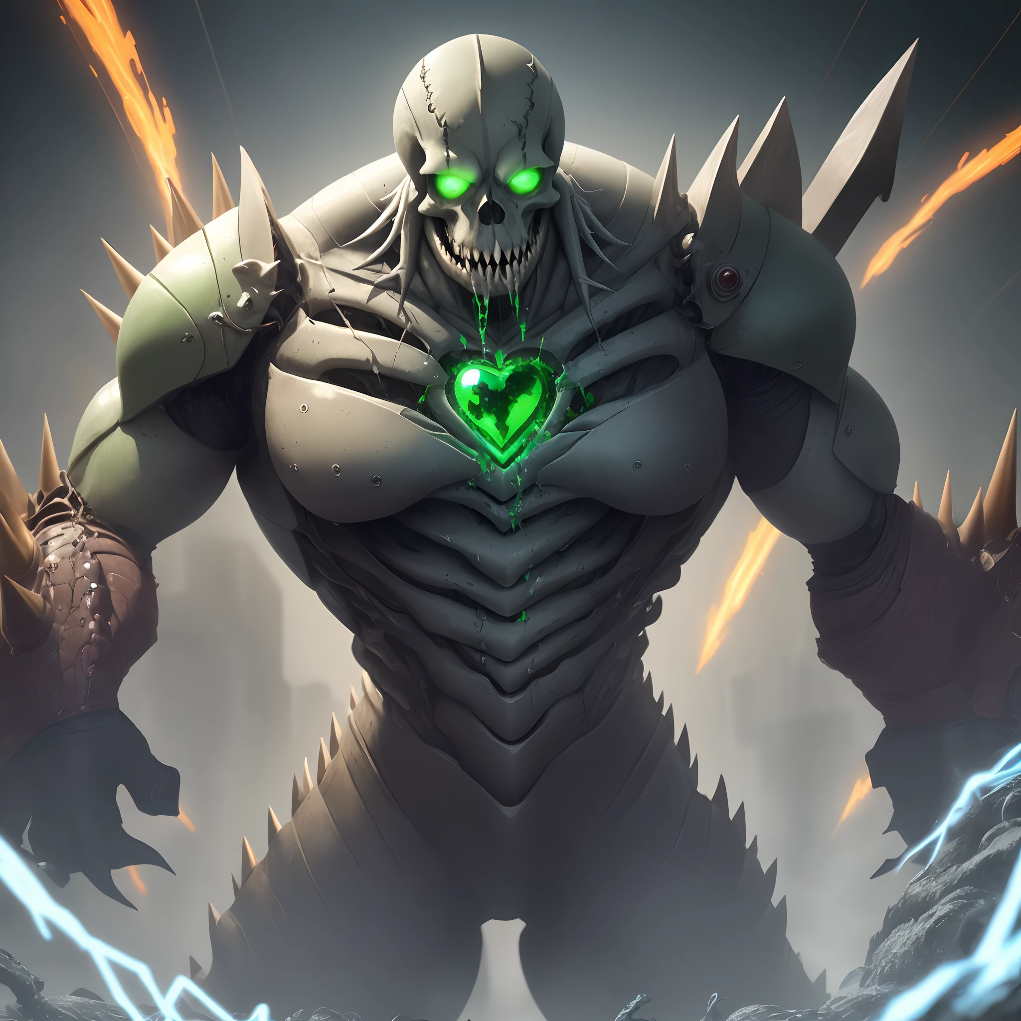 1. Skull: The monster’s head features a massive, jagged, metallic skull with razor-sharp, interlocking teeth, reminiscent of a menacing industrial machine.
2. Eyes: Its eyes are multi-faceted, like those of an insect, each with a red, pulsating core that emits a sinister glow.
3. Torso: The creature’s torso is a fusion of organic tissue and metallic plates, forming a hulking, armored exoskeleton with twisted, protruding spikes.
4. Arms: It has four elongated, segmented arms, each ending in a cluster of retractable, serrated blades, making them versatile for slashing and piercing.
5. Legs: The legs are heavily muscled, ending in clawed, mechanical talons that enable it to traverse various terrains with ease.
6. Tail: A long, serpentine tail covered in thorny, metallic scales serves both as a weapon and a means of balance. It can shoot out sharp, harpoon-like appendages from its tail for ranged attacks.
7. Heart: Deep within its chest, a bio-metallic heart, encased in a protective shell, pumps a corrosive, green liquid, which serves as its lifeblood.
8. Internal Systems: The creature’s body is laced with a network of bio-metallic wires and tubes, allowing it to repair itself and regenerate lost body parts over time.
9. Resonator Crystals: Embedded in its torso, these crystals emit eerie, harmonious hums, granting the monster its supernatural abilities.
10. Venom Glands: The Bio-Metallic Behemoth has venomous glands within its jaws, releasing a corrosive toxin capable of dissolving almost any substance.