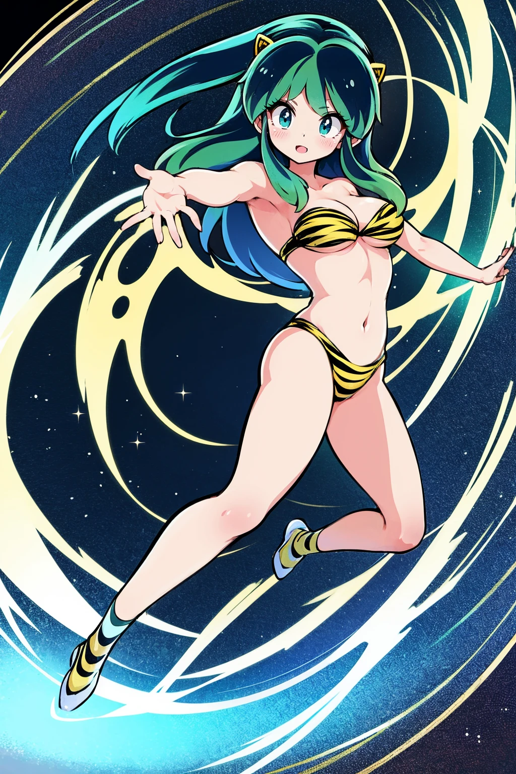 medium breast, god rays, ray tracing, sparkle, cinematic lighting, UHD, retina, masterpiece, ccurate, anatomically correct, textured skin, super detail, high details, high quality, award winning, best quality, highres, 1080P, HD, 4K, thunder aura, light aura, lum, bikini, urusei yatsura, full body,sharpteeth