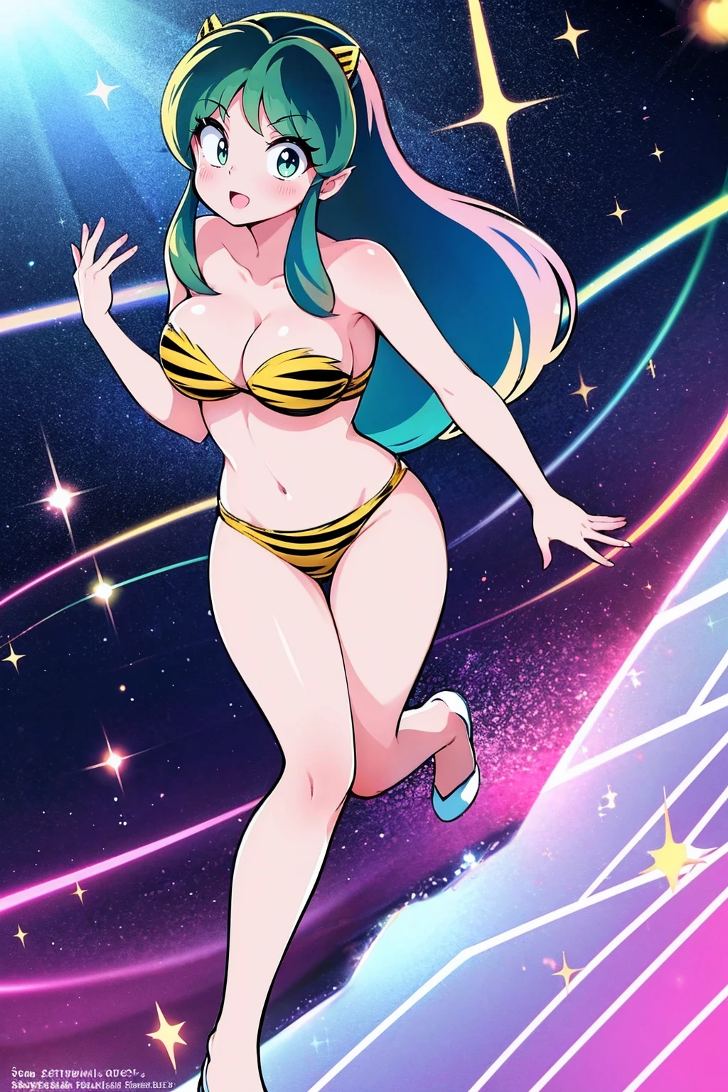 medium breast, god rays, ray tracing, sparkle, cinematic lighting, UHD, retina, masterpiece, ccurate, anatomically correct, textured skin, super detail, high details, high quality, award winning, best quality, highres, 1080P, HD, 4K, thunder aura, light aura, lum, bikini, urusei yatsura, full body,