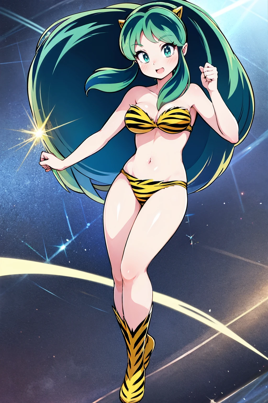 medium breast, god rays, ray tracing, sparkle, cinematic lighting, UHD, retina, masterpiece, ccurate, anatomically correct, textured skin, super detail, high details, high quality, award winning, best quality, highres, 1080P, HD, 4K, thunder aura, light aura, lum, bikini, urusei yatsura, full body,