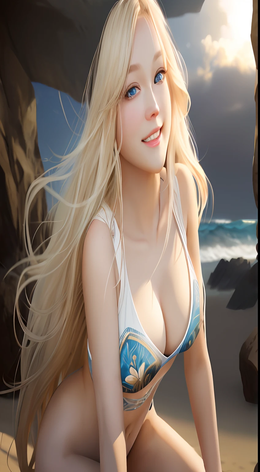 Pretty Female, Windblow blonde hair, glowing blue eyes, realistic, masterpiece, high detailed, 4K, beach background, high detailed light, little smile, white skin