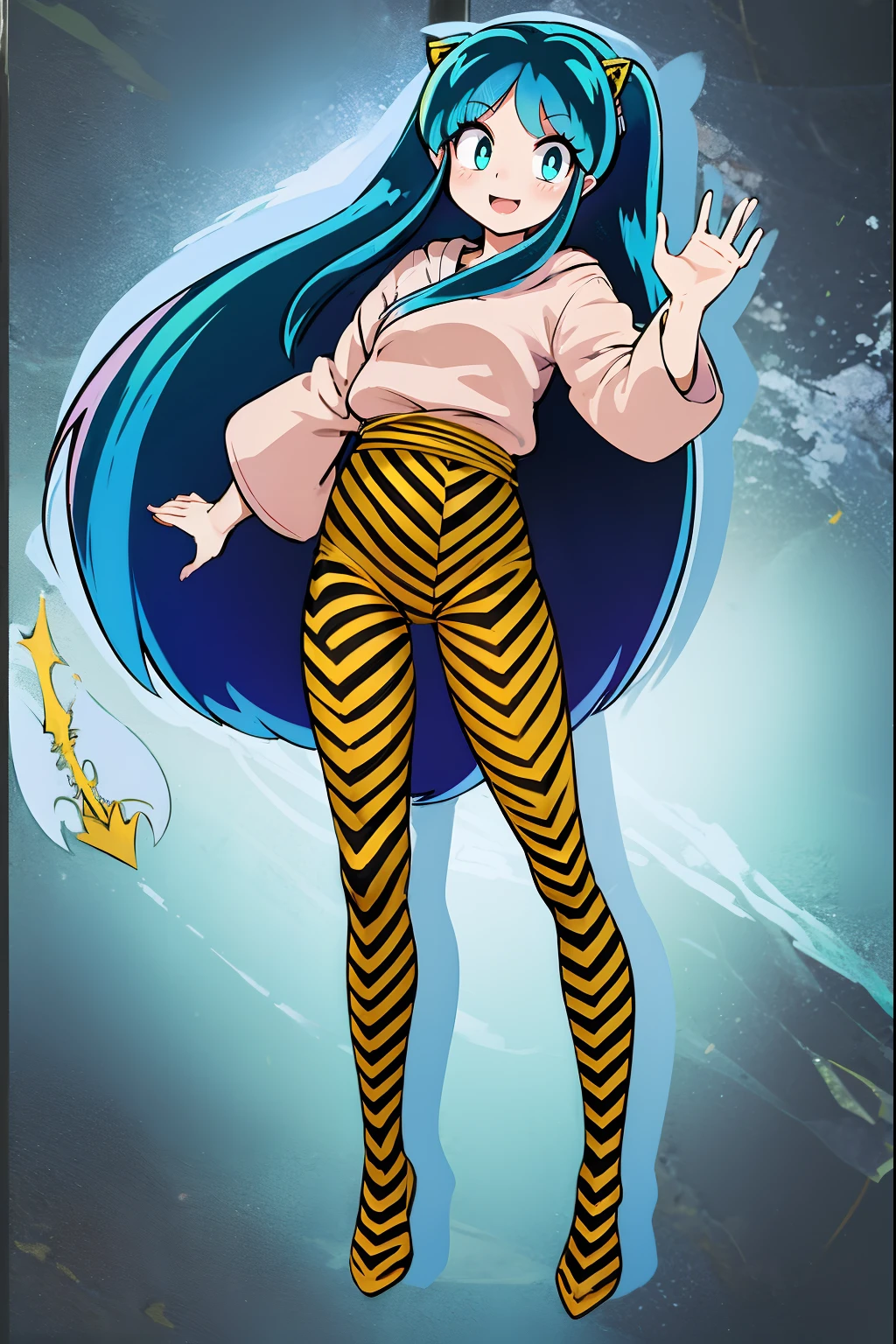 lum, , superhero costume, urusei yatsura, cloak, pants, pullover, kimono,martial pov,, pantyhose, sharpteeth, standing,smile, matial art