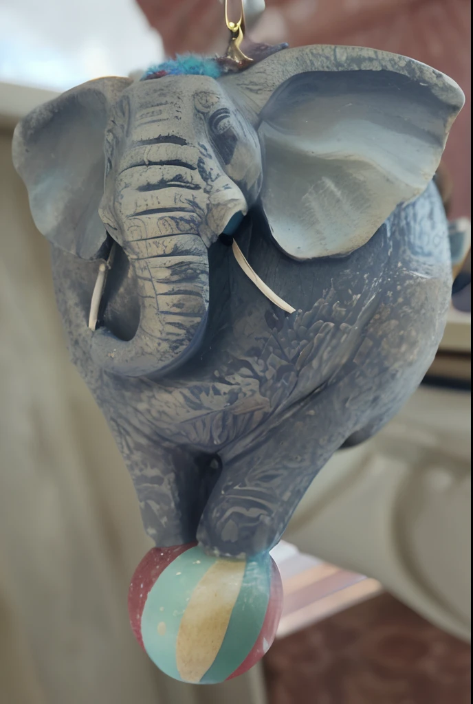 there is a small elephant hanging from a string with a ball, resin statue, really close - up shot, elephant head, elephant, focus on the elephant, an elephant, half elephant, up close picture, too detailed sculpture, high angle close up shot, with lots of details, close - up on detailed, stunning detail, animal - shaped statue, very sharp detail