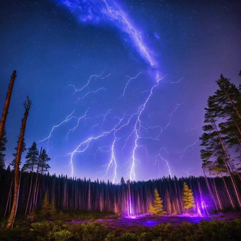 forest at night, blue and purple lightning