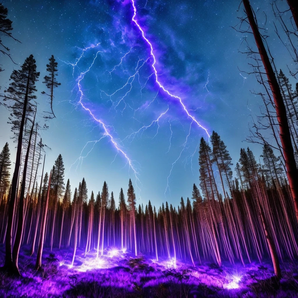 forest at night, blue and purple lightning