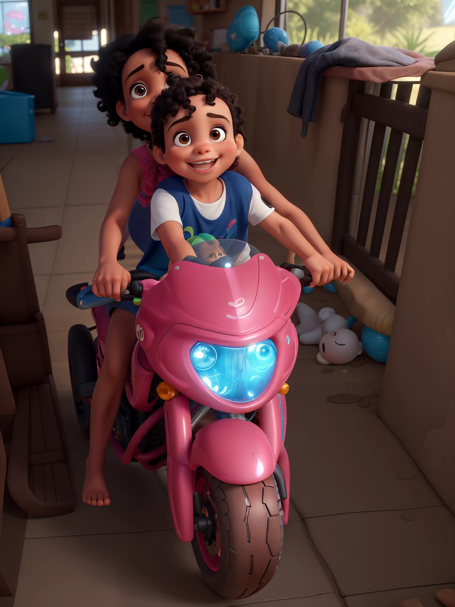 child girl, pele morena, olhos castanhoescuro, Black curly hair riding a neon pink toy motorcycle and a baby boy with light brown eyes, sorrindo com dois dentinhos na frente no estilo Disney Pixar em alta qualidade e melhor qualidade.