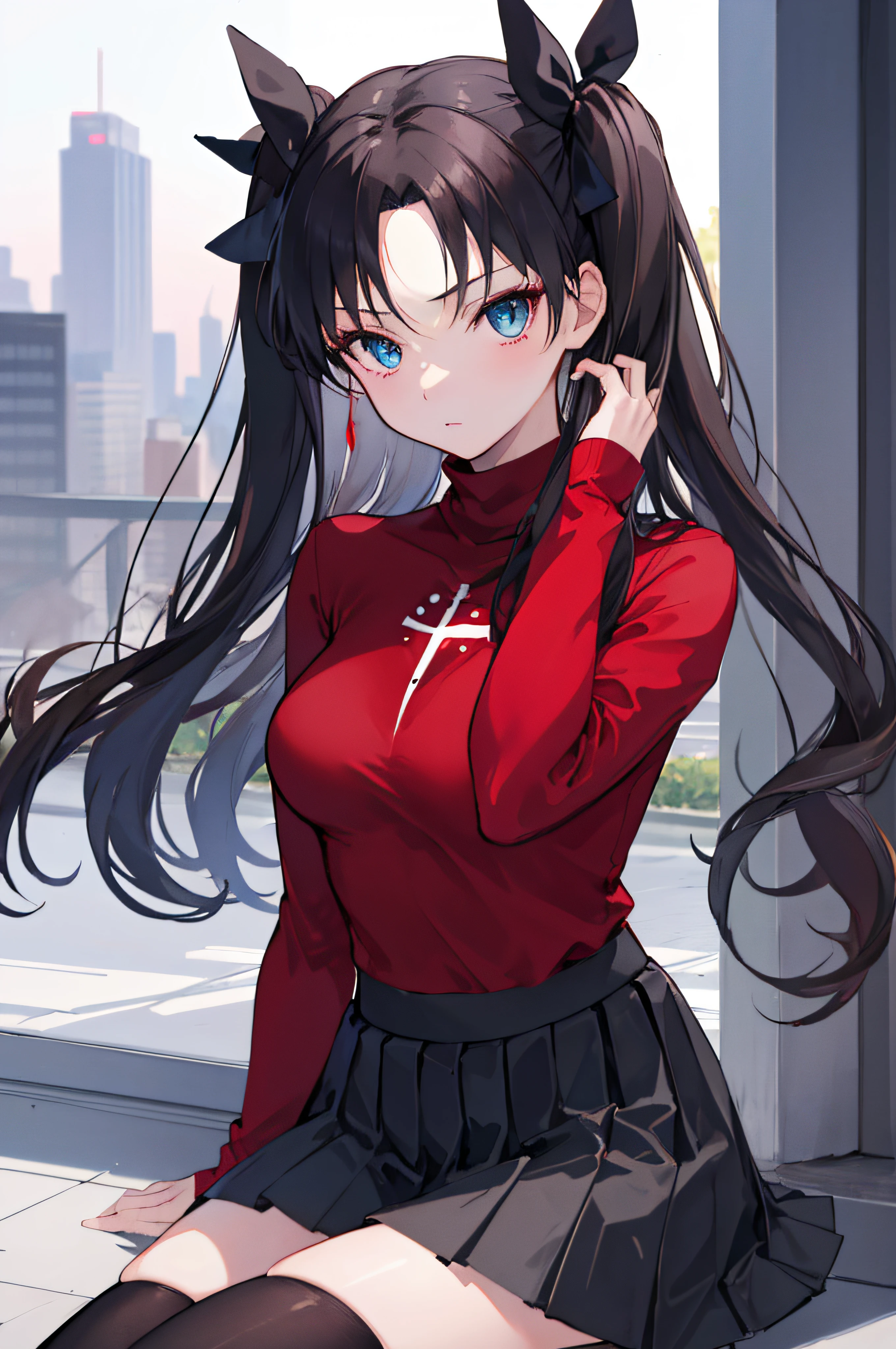 (masterpiece), best quality, expressive eyes, perfect face, 1girl, solo, rintohsaka, rin tohsaka, aqua eyes, black hair, hair ribbon, long hair, ribbon, sidelocks, two side up, black skirt, black thighhighs, long sleeves, miniskirt, pleated skirt, ((red sweater)), skirt, sweater, thighhighs, turtleneck, city background, sitting, character sheet, upper body, portrait, looking at viewer