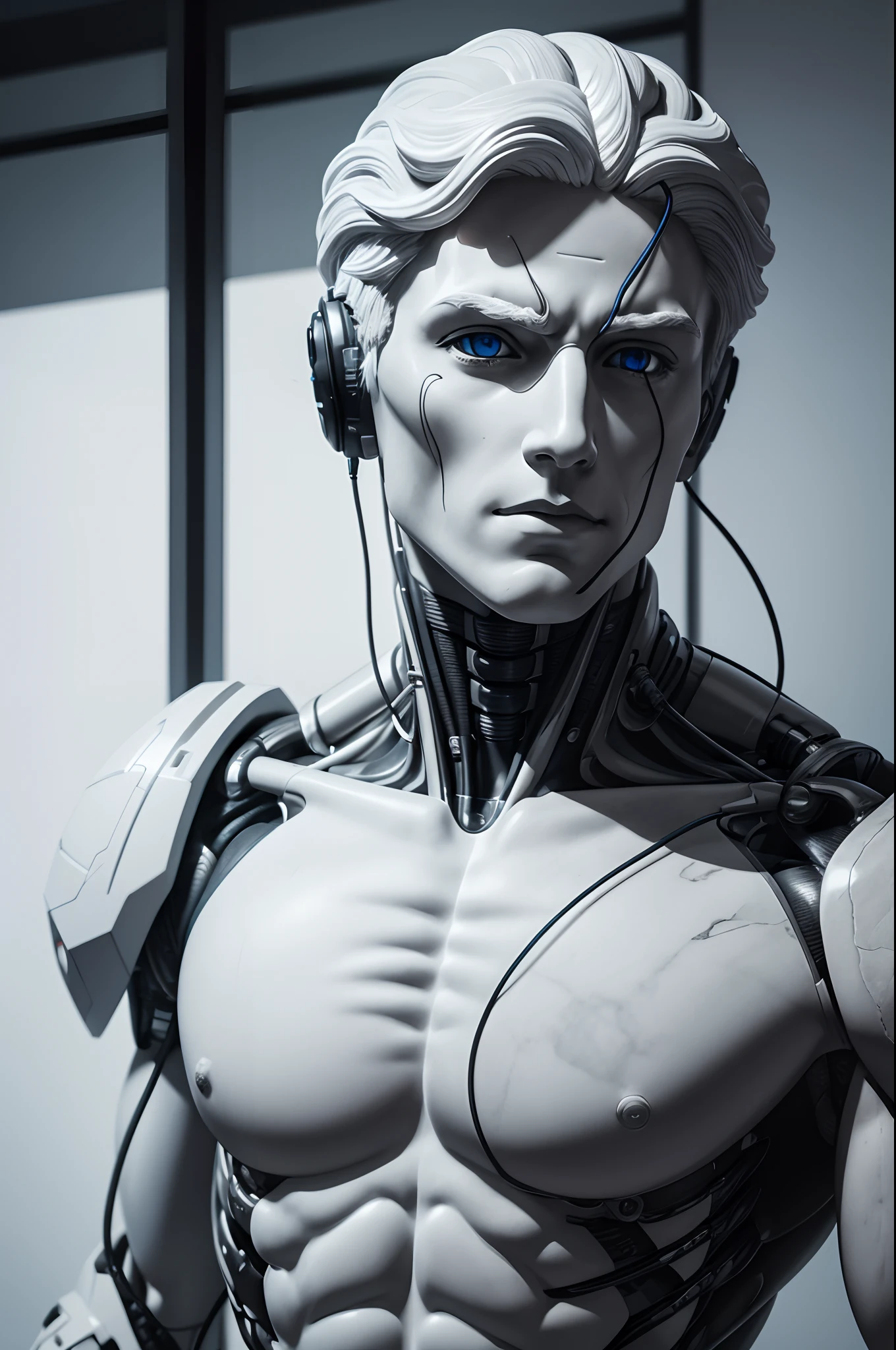 8K,The camera eye of one eye is exposed.,Young Man Head Humanoid Electronic System |Cyborg Man|Visible Detailed Brain|With a heart of visible detail|Muscle Cable Wire|bio punk|cybernetic|cyberpunked|Connected to a large number of cables,LED to issue,White marble bust|Canon M50 |100mm|foco nítido|smoother|Hyper-Realism|high-detail|Intricate details|Michelangelo's sculpture