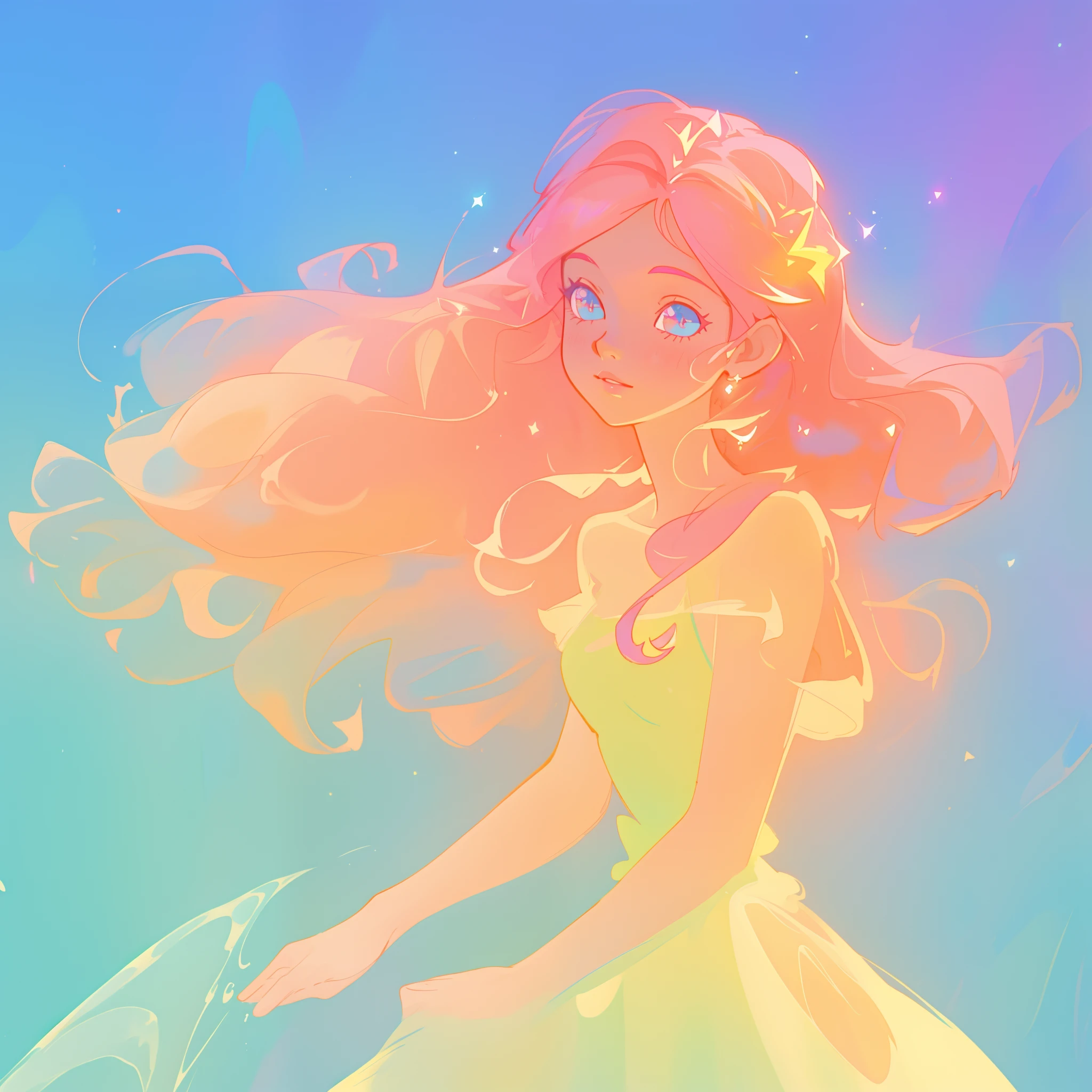 beautiful girl in colorful ballgown, long wavy peach pink hair, vibrant pastel colors, (colorful), colorful watercolor background, ethereal, magical lights, sparkling liquid light, inspired by Glen Keane, inspired by Lois van Baarle, disney art style, by Lois van Baarle, glowing aura around her, by Glen Keane, jen bartel, glowing lights! digital painting, flowing glowing hair, glowing flowing hair, beautiful digital illustration, fantasia background, whimsical, magical, fantasy, beautiful face, ((masterpiece, best quality)), intricate details, highly detailed, sharp focus, 8k resolution, sparkling detailed eyes, liquid watercolor