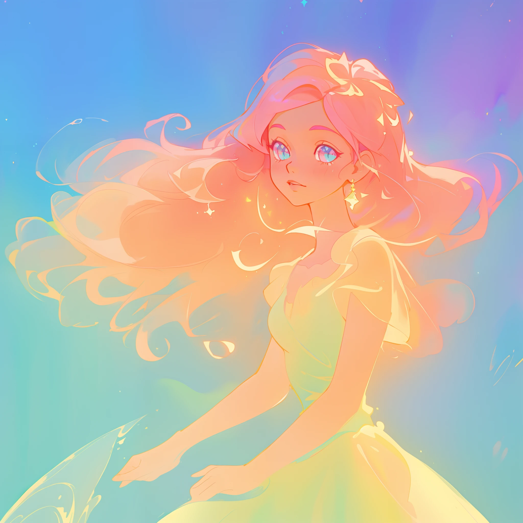 beautiful girl in colorful ballgown, long wavy peach pink hair, vibrant pastel colors, (colorful), colorful watercolor background, ethereal, magical lights, sparkling liquid light, inspired by Glen Keane, inspired by Lois van Baarle, disney art style, by Lois van Baarle, glowing aura around her, by Glen Keane, jen bartel, glowing lights! digital painting, flowing glowing hair, glowing flowing hair, beautiful digital illustration, fantasia background, whimsical, magical, fantasy, beautiful face, ((masterpiece, best quality)), intricate details, highly detailed, sharp focus, 8k resolution, sparkling detailed eyes, liquid watercolor
