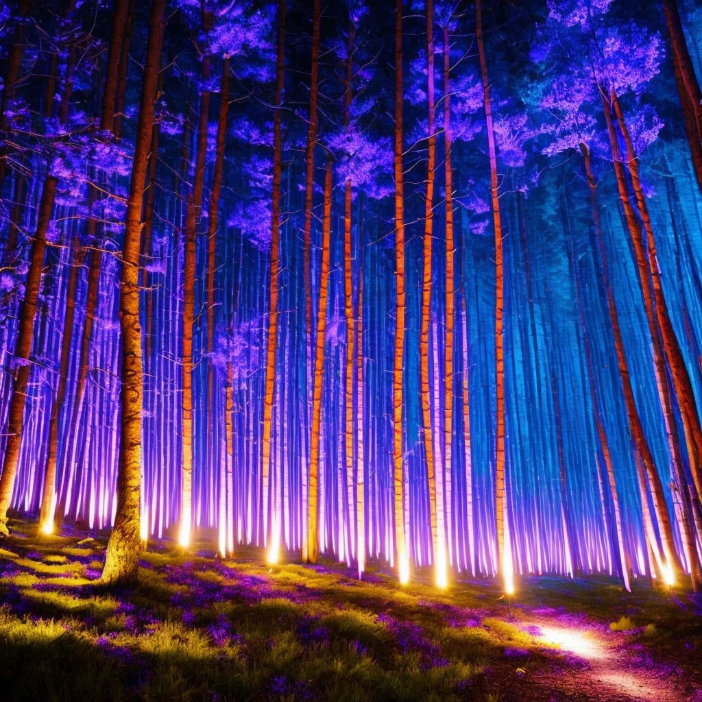 forest at night, blue and purple illumination