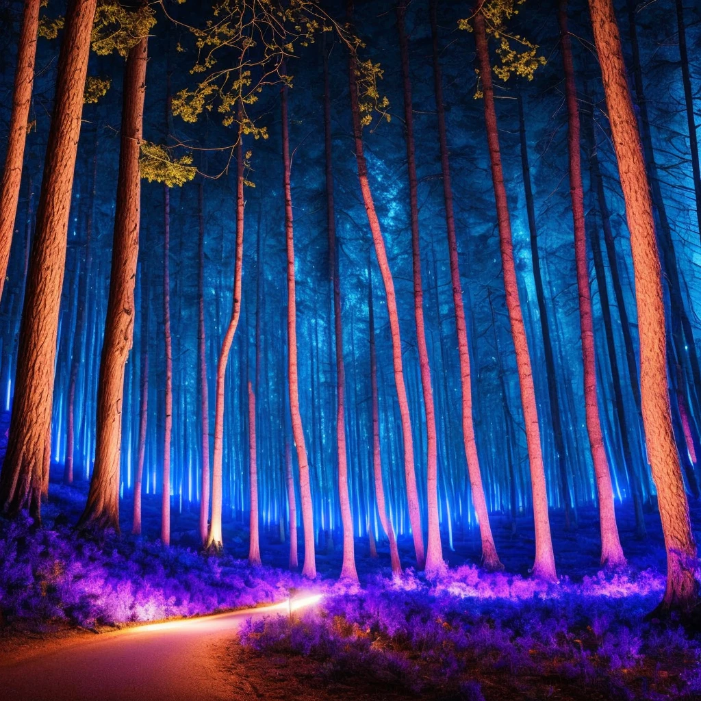 forest at night, blue and purple illumination