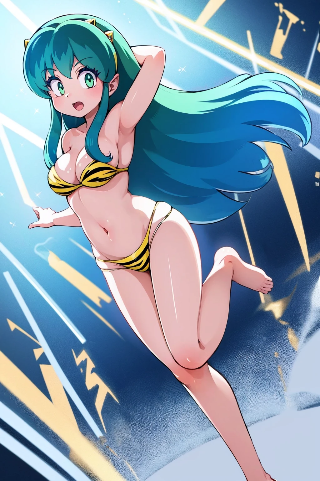 medium breast, god rays, ray tracing, sparkle, cinematic lighting, UHD, retina, masterpiece, ccurate, anatomically correct, textured skin, super detail, high details, high quality, award winning, best quality, highres, 1080P, HD, 4K, thunder aura, light aura, lum, bikini, urusei yatsura, full body,sharpteeth