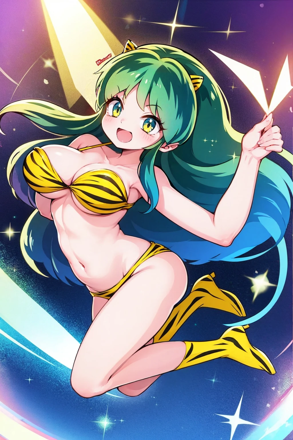 medium breast, god rays, ray tracing, sparkle, cinematic lighting, UHD, retina, masterpiece, ccurate, anatomically correct, textured skin, super detail, high details, high quality, award winning, best quality, highres, 1080P, HD, 4K, thunder aura, light aura, lum, bikini, urusei yatsura, full body,sharpteeth