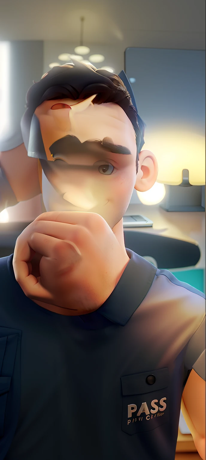 Um jovem parado na frente, camisa da Hugo Boss, illuminated by the light of a lamp, contra o pano de fundo de uma biblioteca, logo Pixar no canto de baixo.
