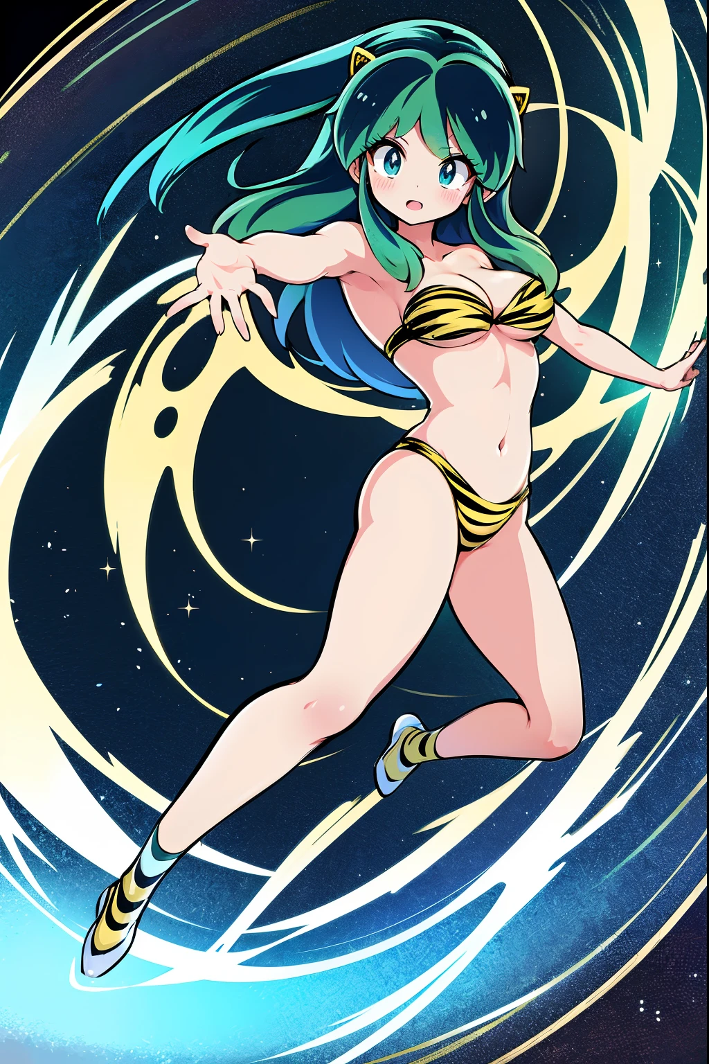 medium breast, god rays, ray tracing, sparkle, cinematic lighting, UHD, retina, masterpiece, ccurate, anatomically correct, textured skin, super detail, high details, high quality, award winning, best quality, highres, 1080P, HD, 4K, thunder aura, light aura, lum, bikini, urusei yatsura, full body,