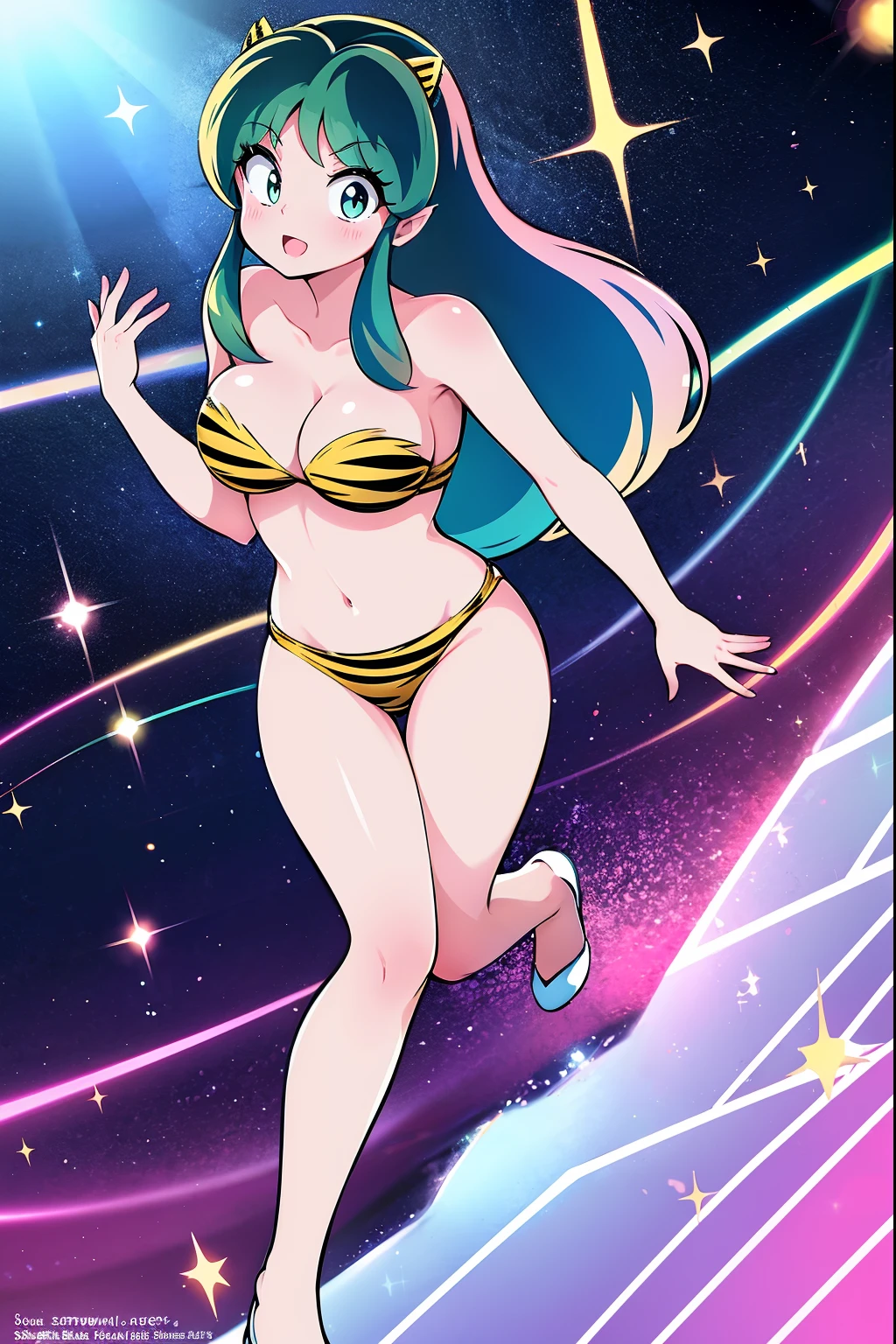 medium breast, god rays, ray tracing, sparkle, cinematic lighting, UHD, retina, masterpiece, ccurate, anatomically correct, textured skin, super detail, high details, high quality, award winning, best quality, highres, 1080P, HD, 4K, thunder aura, light aura, lum, bikini, urusei yatsura, full body,