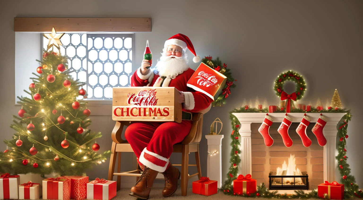 there is a coke santa claus sitting in a chair holding a coke in one hand and the other a hammer and ruler, and a sign writed 'for sparkling holidays', in a cozy christmas ambience with a adornated christmas room with a cozy brick fireplace, a room full of christmas decorations