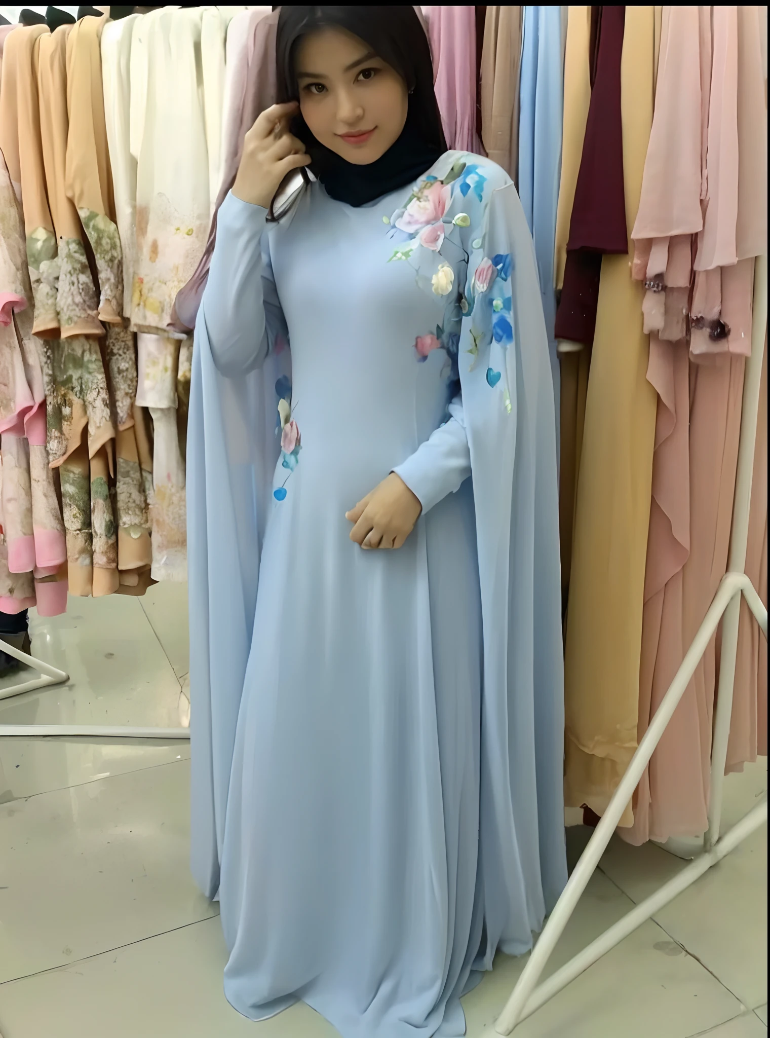 emma watson wearing hijab and pastel color abaya, half body, masterpiece