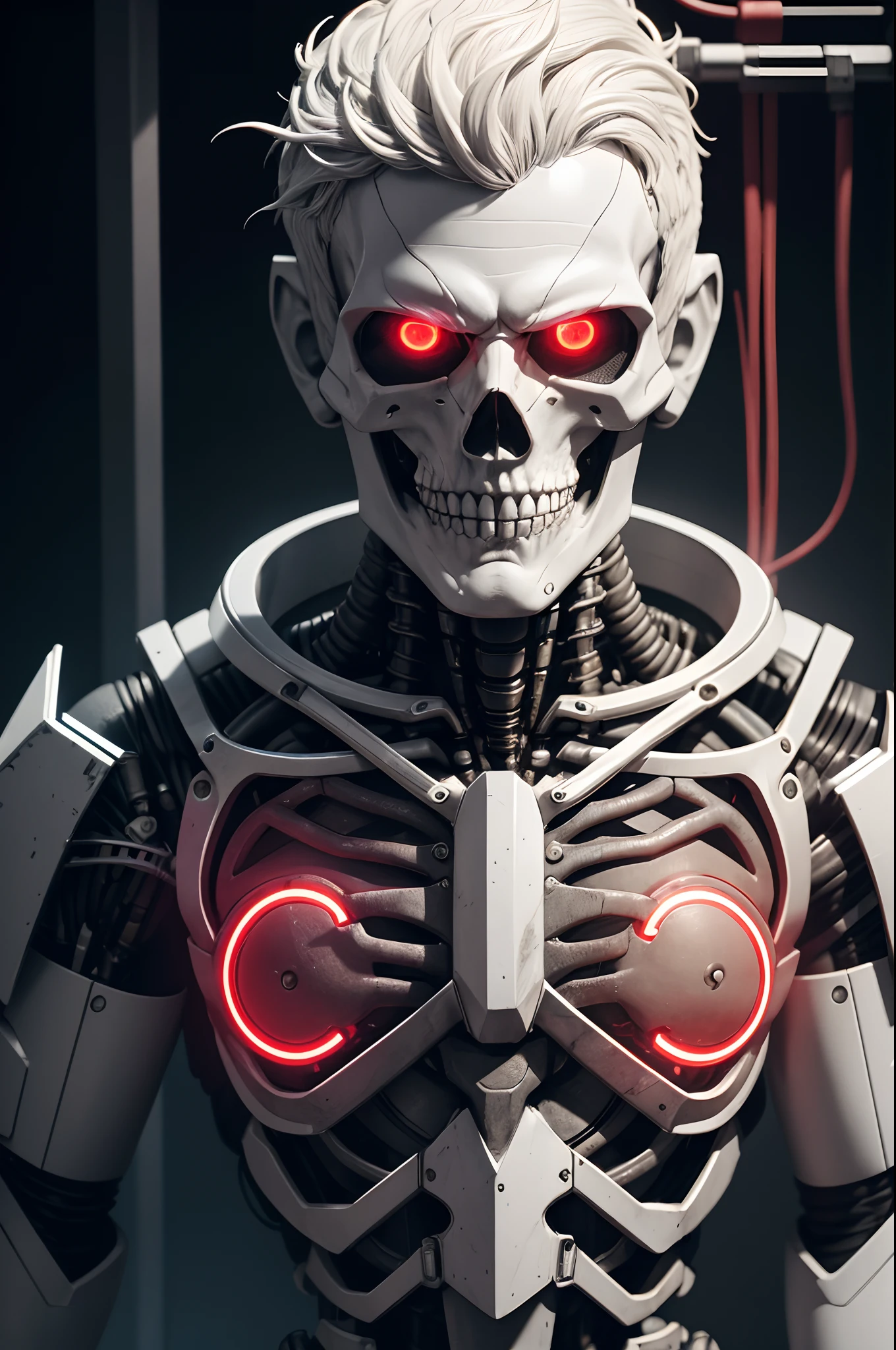 8K,The camera eye of one eye that glows red is exposed.,Young Man Head Humanoid Electronic System |Cyborg Man|Visible Detailed Brain|With a heart of visible detail|Muscle Cable Wire|bio punk|cybernetic|cyberpunked|Connected to a large number of cables,LED to issue,White marble bust|Canon M50 |100mm|foco nítido|smoother|Hyper-Realism|high-detail|Intricate details|Metal skeleton,The real face of a half young man,