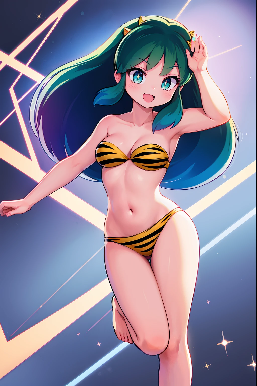 medium breast, god rays, ray tracing, sparkle, cinematic lighting, UHD, retina, masterpiece, ccurate, anatomically correct, textured skin, super detail, high details, high quality, award winning, best quality, highres, 1080P, HD, 4K, thunder aura, light aura, lum, bikini, urusei yatsura, full body,, smile