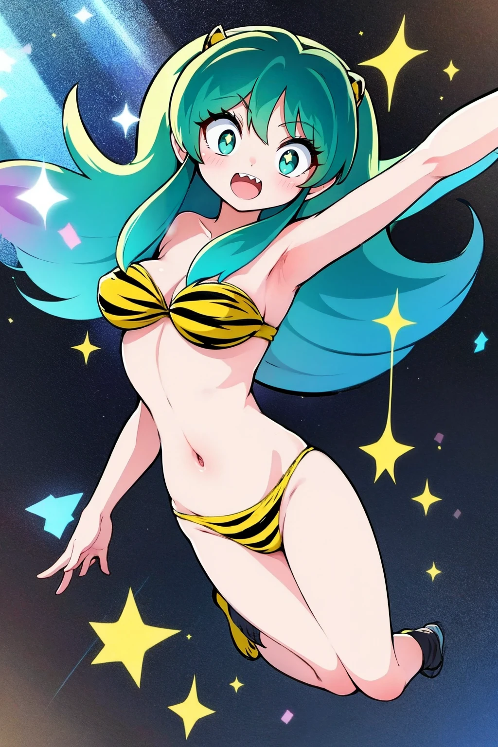 medium breast, god rays, ray tracing, sparkle, cinematic lighting, UHD, retina, masterpiece, ccurate, anatomically correct, textured skin, super detail, high details, high quality, award winning, best quality, highres, 1080P, HD, 4K, thunder aura, light aura, lum, bikini, urusei yatsura, full body,sharpteeth