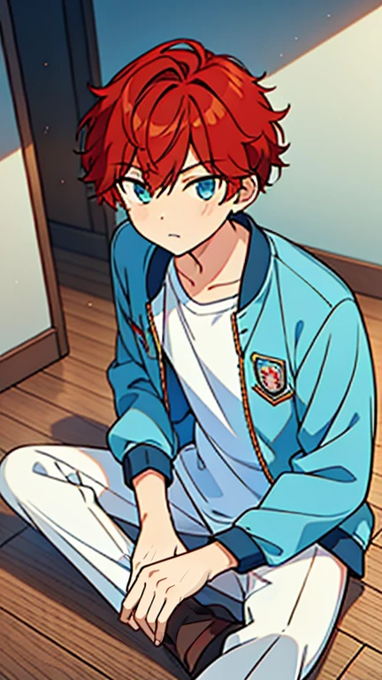 amagi hiiro, boy, red hair, 1boy, pants, sitting, blue eyes, solo, jacket, expressionless, shirt, white shirt, bangs, long_sleeves, closed mouth, ((light blue jacket)),indoors, street-style