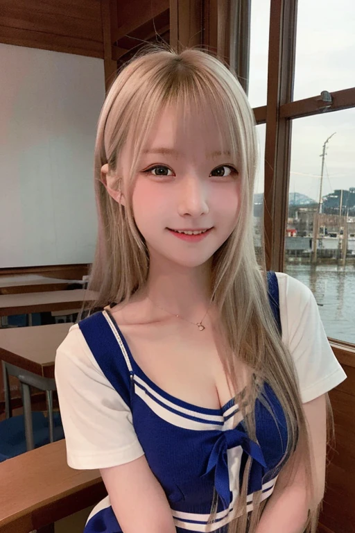 1girl, cute, 16 years old, smiling, look at viewer, sailor uniform, seifuku, photo, realistic, best quality, hires, detailed face, classroom, detailed background, diffused lighting, depth of field, bokeh