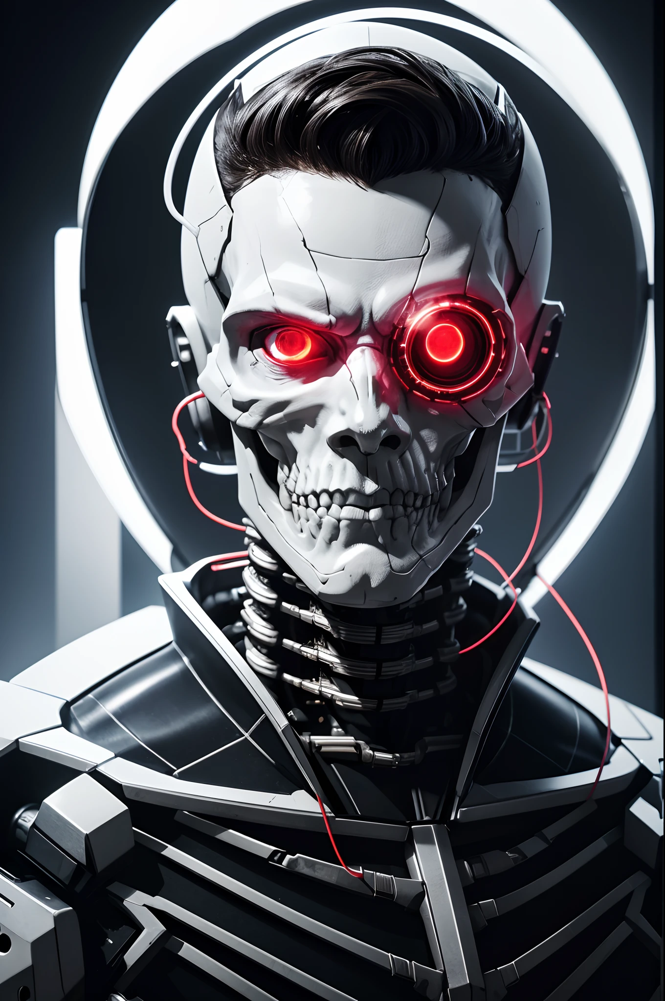 8K,The camera eye of one eye that glows red is exposed.,Young Man Head Humanoid Electronic System |Cyborg Man|Visible Detailed Brain|With a heart of visible detail|Muscle Cable Wire|bio punk|cybernetic|cyberpunked|Connected to a large number of cables,LED to issue,White marble bust|Canon M50 |100mm|foco nítido|smoother|Hyper-Realism|high-detail|Intricate details|Metal skeleton,Fleshing out half of the jaw,