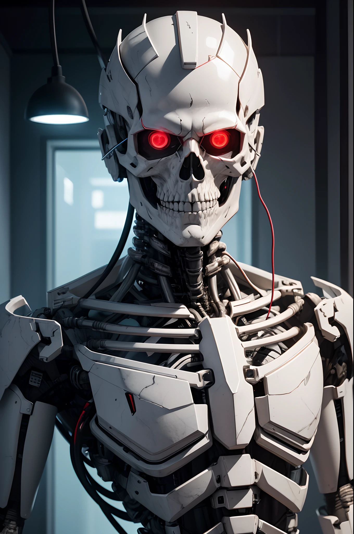 8K,The camera eye of one eye that glows red is exposed.,Young Man Head Humanoid Electronic System |Cyborg Man|Visible Detailed Brain|With a heart of visible detail|Muscle Cable Wire|bio punk|cybernetic|cyberpunked|Connected to a large number of cables,LED to issue,White marble bust|Canon M50 |100mm|foco nítido|smoother|Hyper-Realism|high-detail|Intricate details|Metal skeleton,The real face of a half young man,