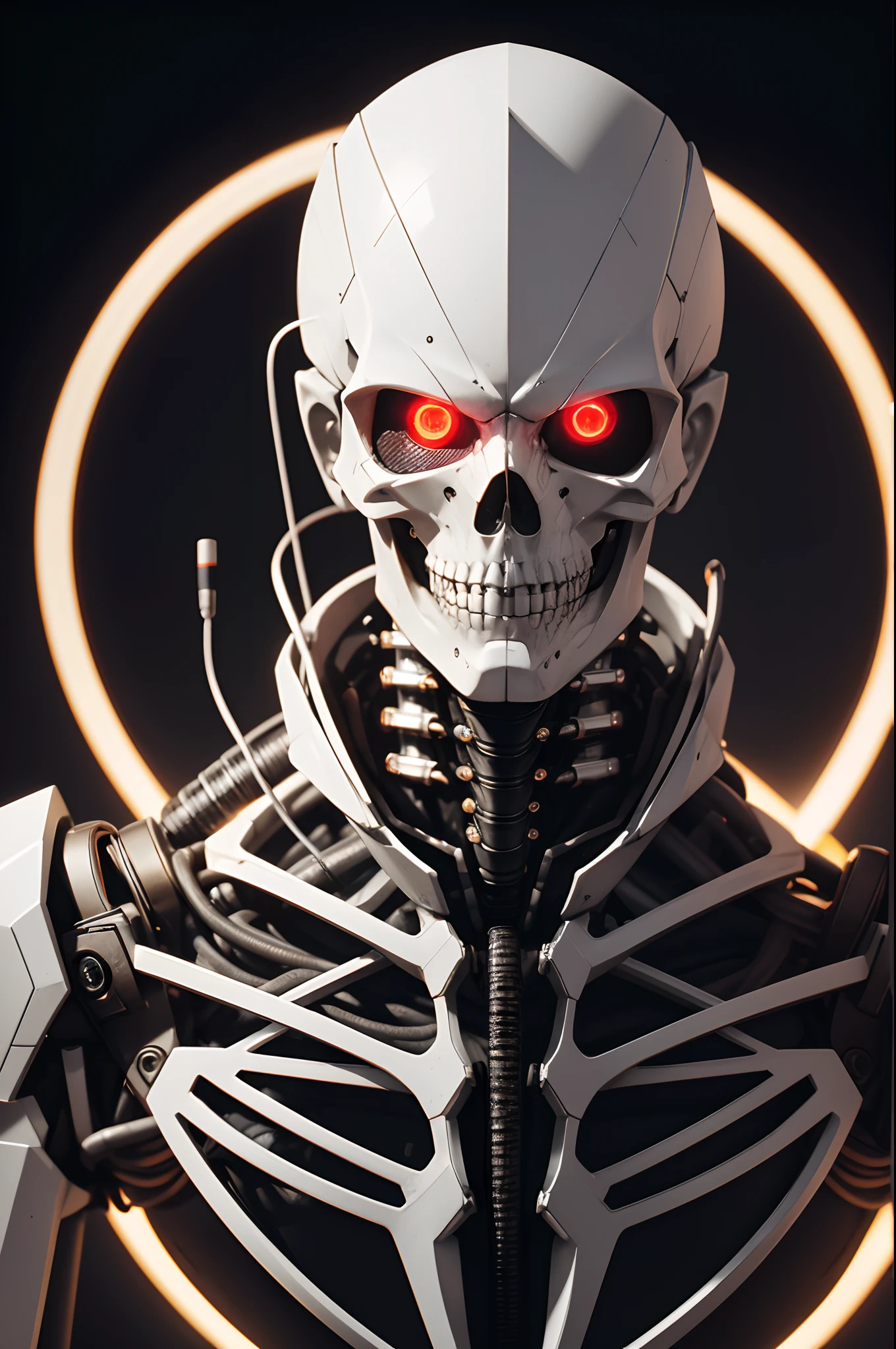 8K,The camera eye of one eye that glows red is exposed.,Young Man Head Humanoid Electronic System |Cyborg Man|Visible Detailed Brain|With a heart of visible detail|Muscle Cable Wire|bio punk|cybernetic|cyberpunked|Connected to a large number of cables,LED to issue,White marble bust|Canon M50 |100mm|foco nítido|smoother|Hyper-Realism|high-detail|Intricate details|Metal skeleton,Fleshing out half of the jaw,