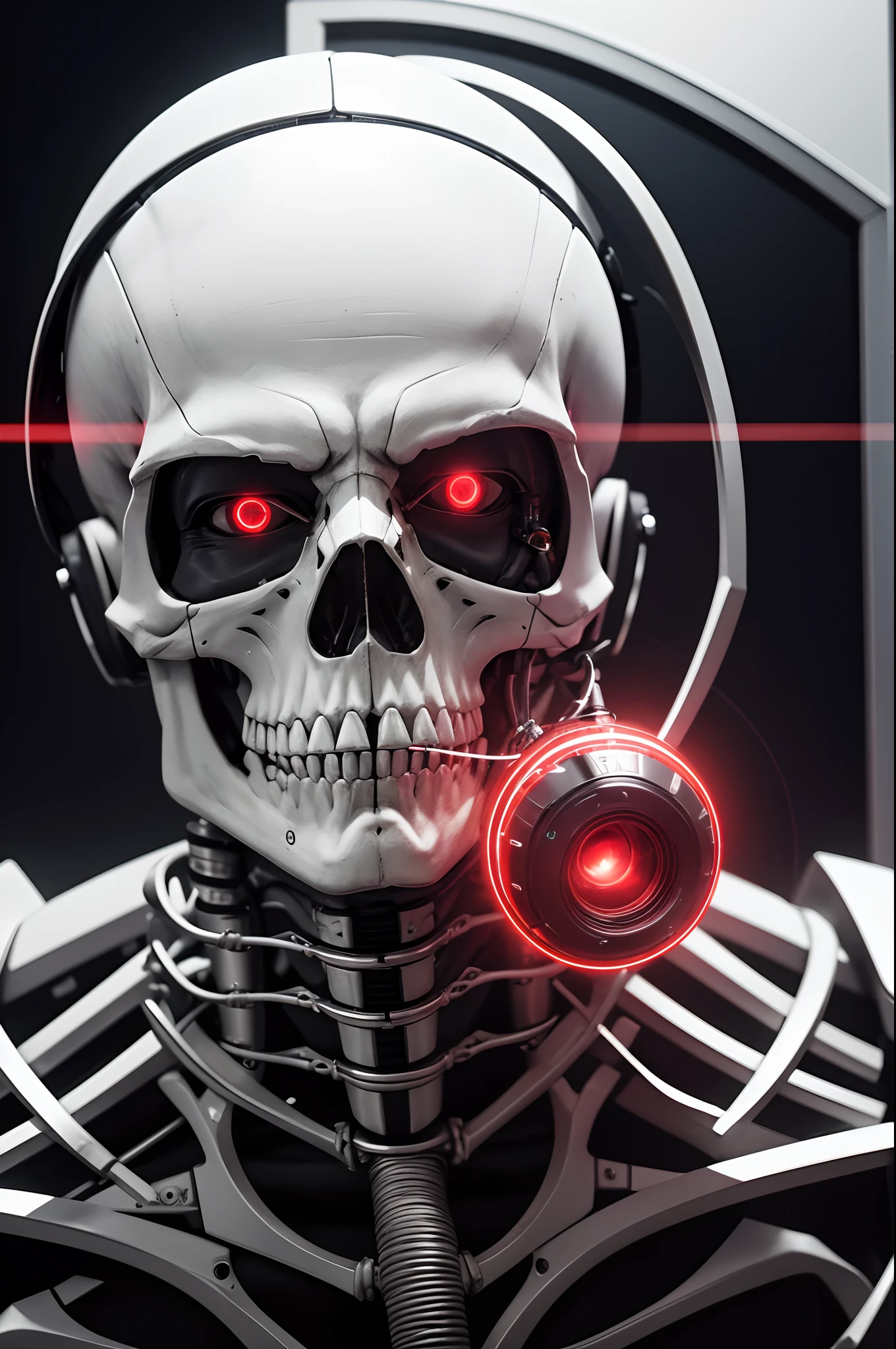 8K,The camera eye of one eye that glows red is exposed.,Young Man Head Humanoid Electronic System |Cyborg Man|Visible Detailed Brain|With a heart of visible detail|Muscle Cable Wire|bio punk|cybernetic|cyberpunked|Connected to a large number of cables,LED to issue,White marble bust|Canon M50 |100mm|foco nítido|smoother|Hyper-Realism|high-detail|Intricate details|Metal skeleton,Fleshing out half of the jaw,