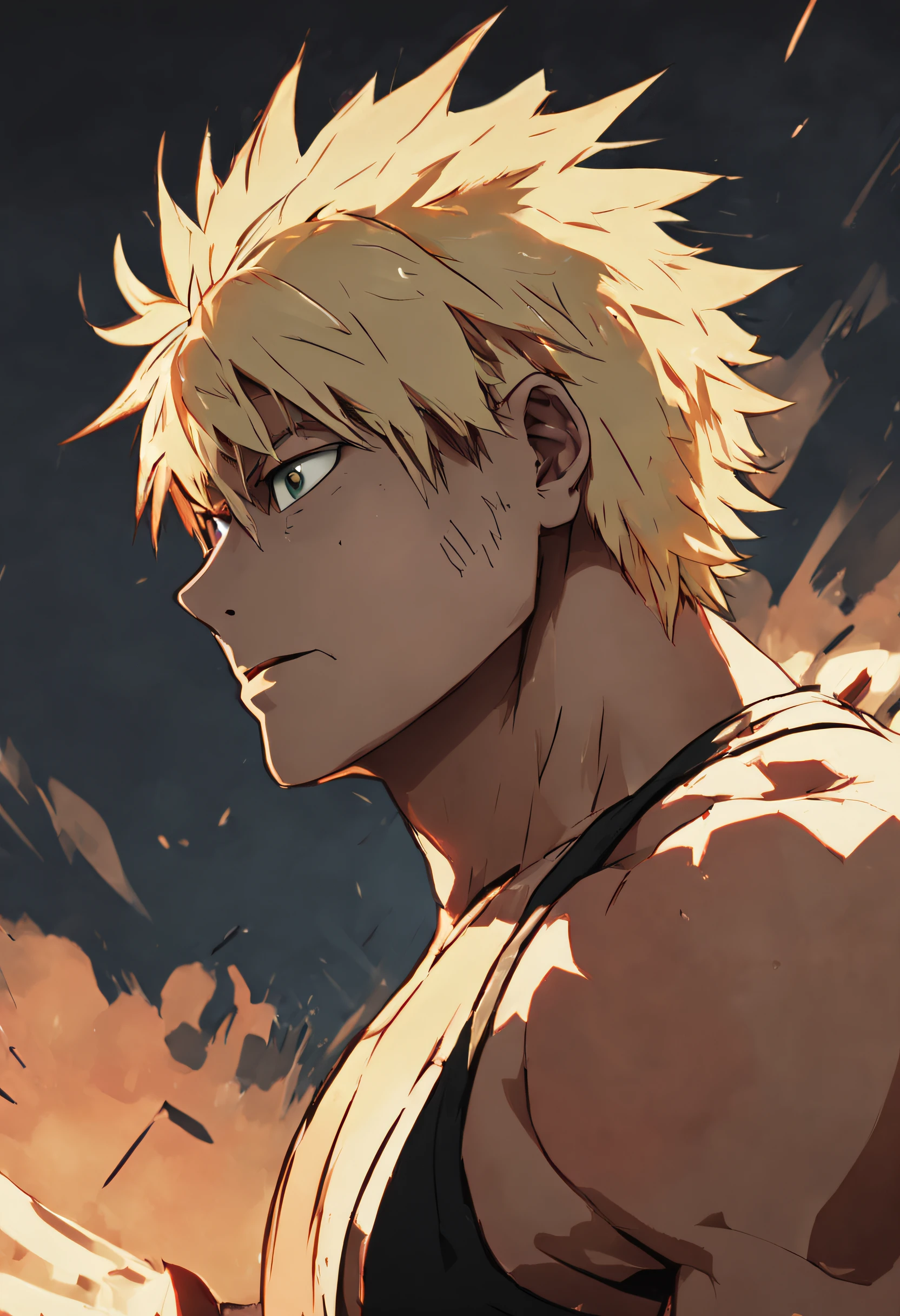 horikoshi kouhei, 1boy, absurdres, bakugou katsuki, bare shoulders, black tank top, blonde hair, blurry, blurry background, boku no hero academia, chama kou, highres, looking away, male focus, muscular, muscular male, open mouth, red eyes, short hair, spiked hair, sweat, tank top, twitter username, wiping sweat,