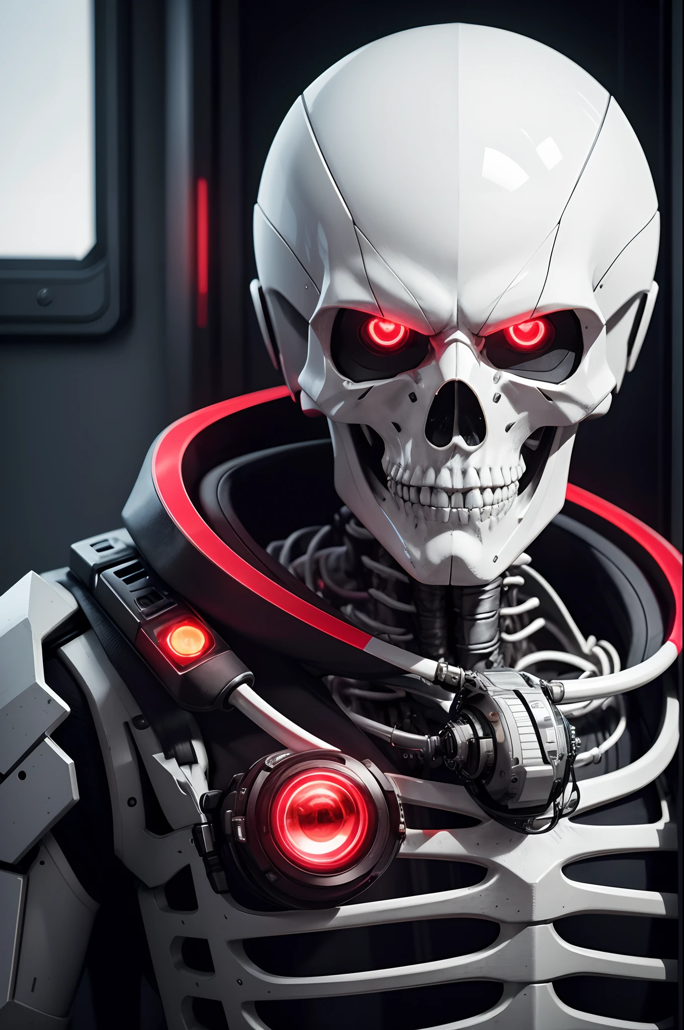 8K,The camera eye of one eye that glows red is exposed.,Young Man Head Humanoid Electronic System |Cyborg Man|Visible Detailed Brain|With a heart of visible detail|Muscle Cable Wire|bio punk|cybernetic|cyberpunked|Connected to a large number of cables,LED to issue,White marble bust|Canon M50 |100mm|foco nítido|smoother|Hyper-Realism|high-detail|Intricate details|Metal skeleton,Fleshing out half of the jaw,