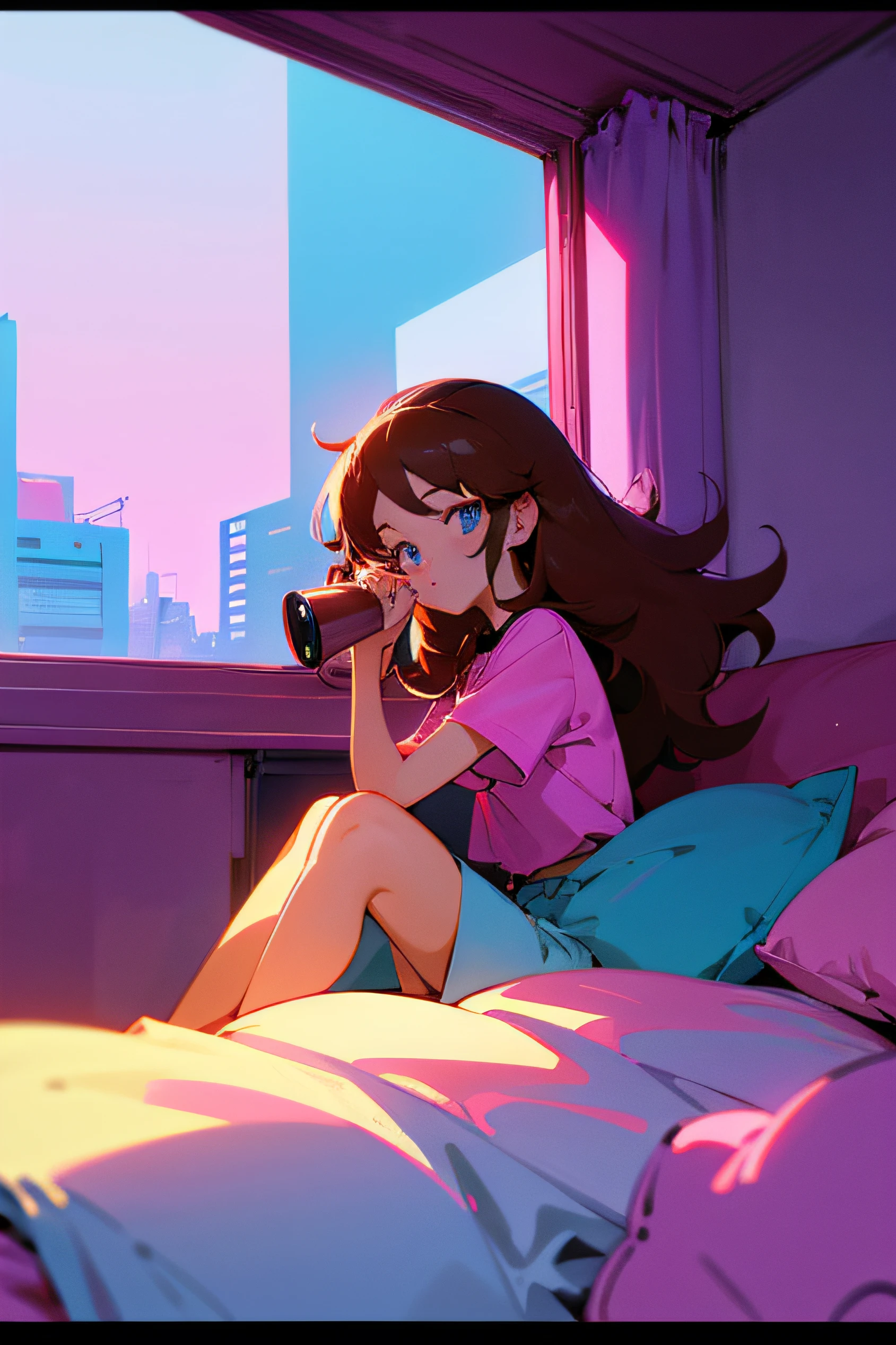 cartoon girl sitting on bed with a cup of coffee and a cat, video game fanart, in the art style of 8 0 s anime, jaidenanimations, lofi artstyle, 8 0 s anime vibe, vhs style, watching the sun set. anime, lofi art, [ synthwave art style ]!!, synthwave art style ]!!