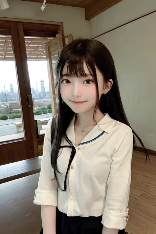 女の子 1 人、cute little、16 years old、(a smile:0.6)、looking at viewert、(Black hair straight:1.4)、a sailor suit、校服、a picture、逼真、top-quality、adopt、A detailed face、Classroom、细致背景、diffuse lighting、depth of fields、Bokeh