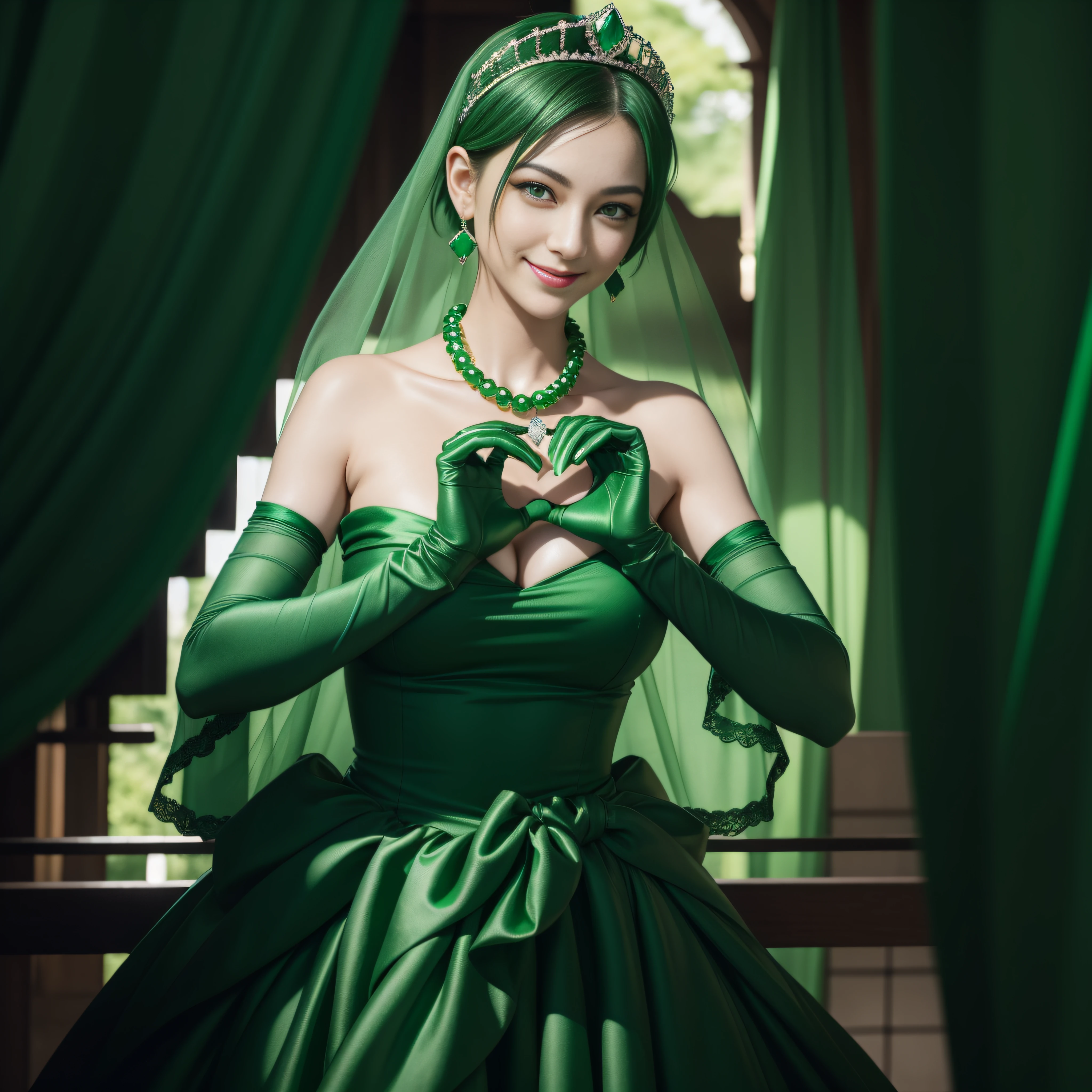 emerald tiara, Green Pearl Necklace, Boyish very short green hair, lipsticks, Japan woman smiling, very short short hair, big breasts beautiful, Green eyes, Long green gloves made of satin material, Green eyes, Emerald Earrings, green vale, Heart with both hands
