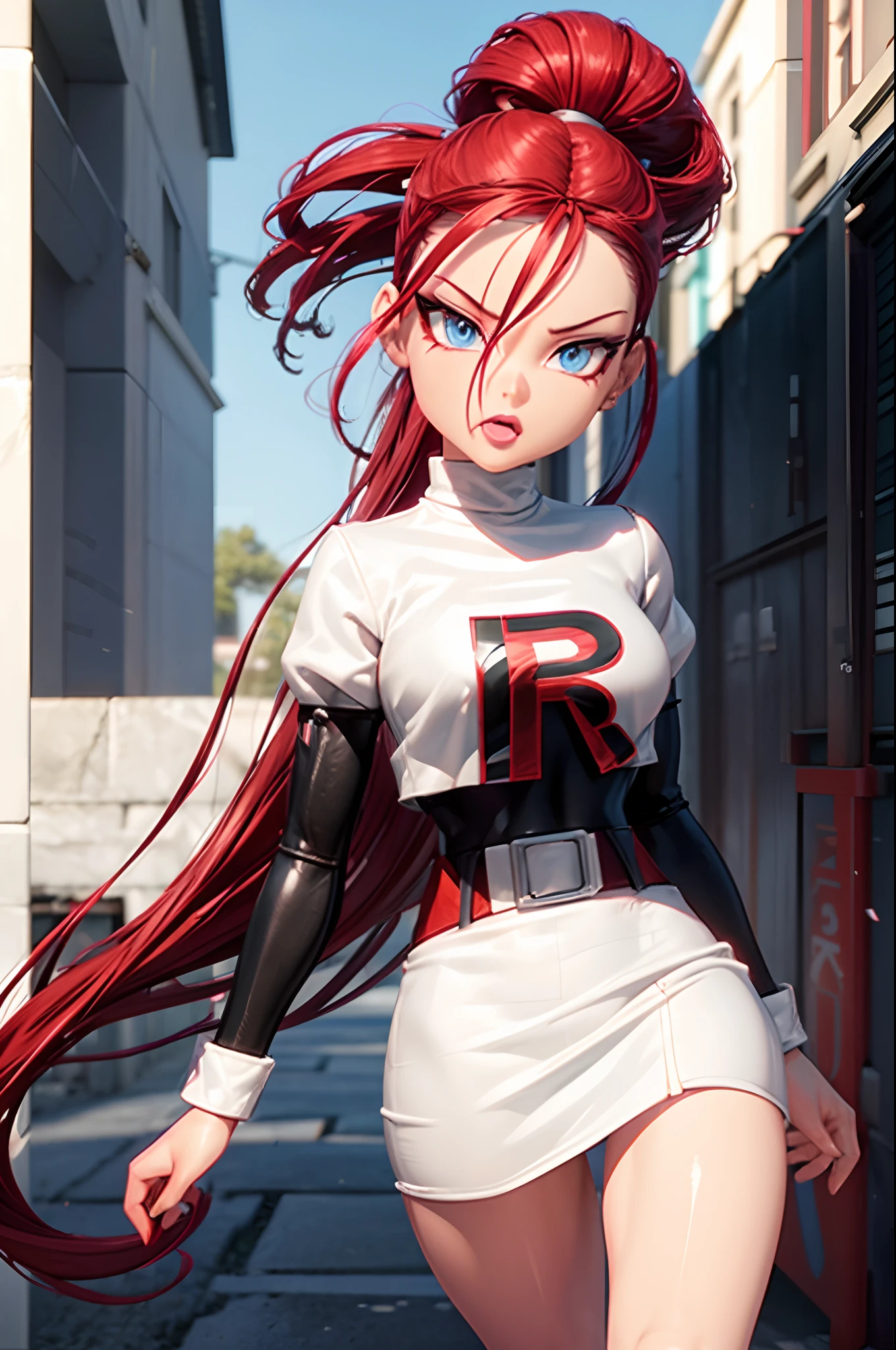 ((Team Rocket Jessie)), ((3D graphics)), Mortal Kombat character, Mortal Kombat graphics, 1girl, Team Rocket Uniform, Team Rocket Logo, "R" Logo, Jessie, red head, blue eyes, fit, perfect physics, perfect anatomy, white top, white skirt, white/red/black outfit.