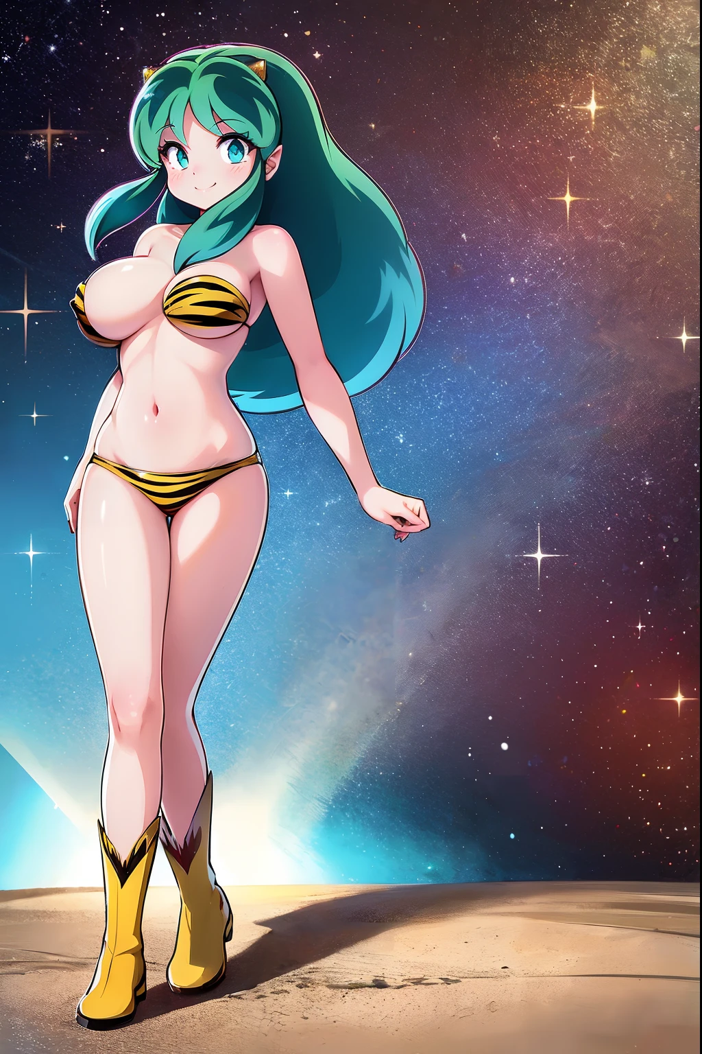 medium breast, god rays, ray tracing, sparkle, cinematic lighting, UHD, retina, masterpiece, ccurate, anatomically correct, textured skin, super detail, high details, high quality, award winning, best quality, highres, 1080P, HD, 4K, thunder aura, light aura, lum, bikini, urusei yatsura, full body,, smile