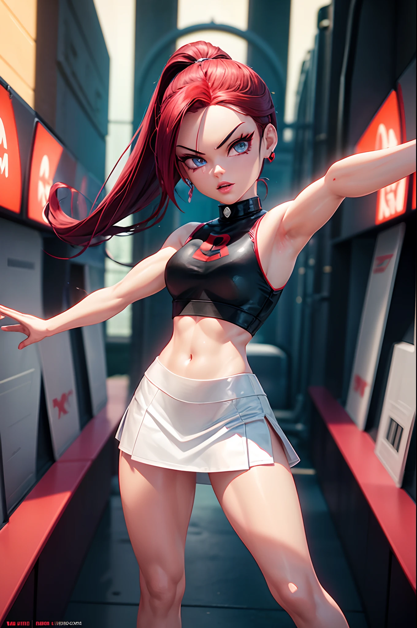 ((Team Rocket Jessie)), ((3D graphics)), Mortal Kombat character, Mortal Kombat graphics, 1girl, Team Rocket Uniform, Team Rocket Logo, "R" Logo, Jessie, red head, blue eyes, fit, perfect physics, perfect anatomy, white top, white skirt, white/red/black outfit.